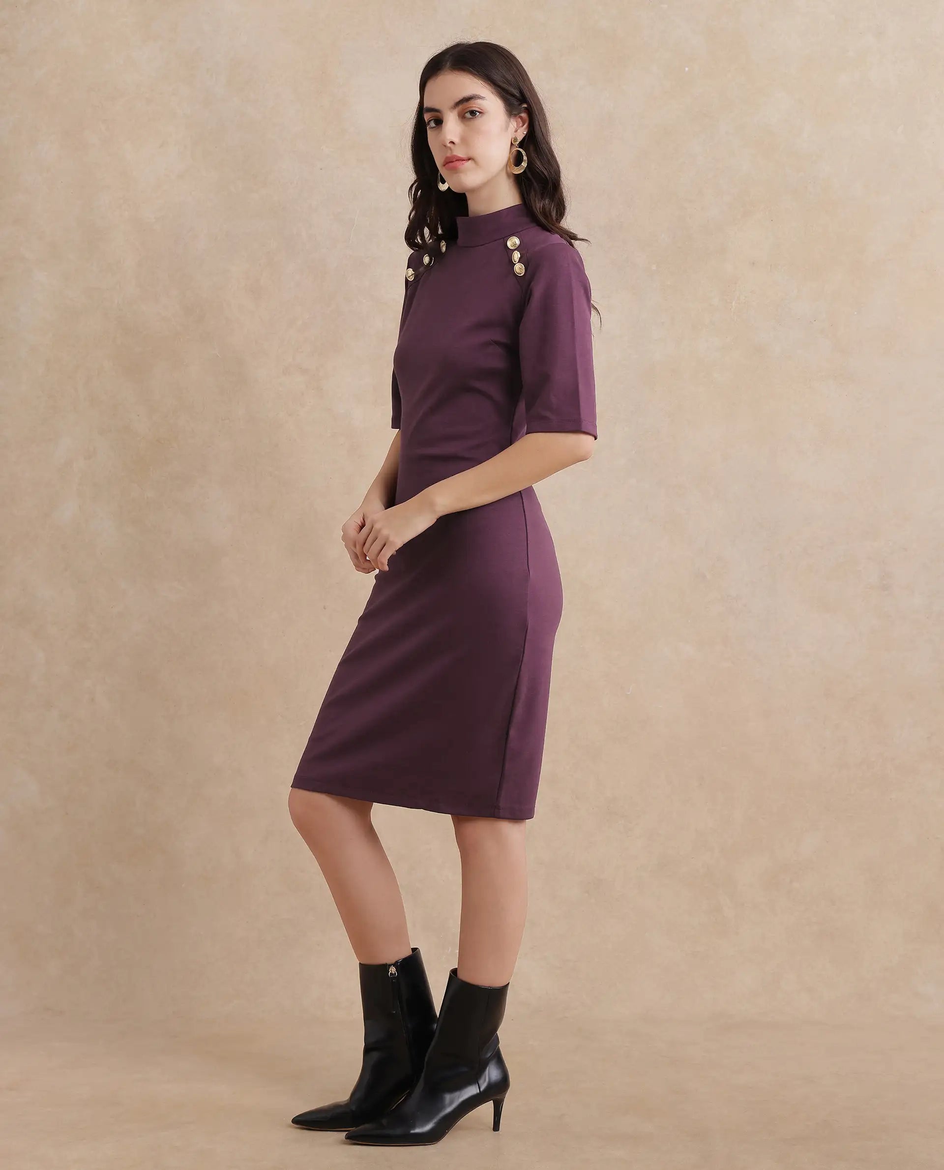 Rareism Women's Bolu Purple Cotton Blend Fabric High Neck Zipper Closure Half Sleeve Plain Bodycon Midi Dress