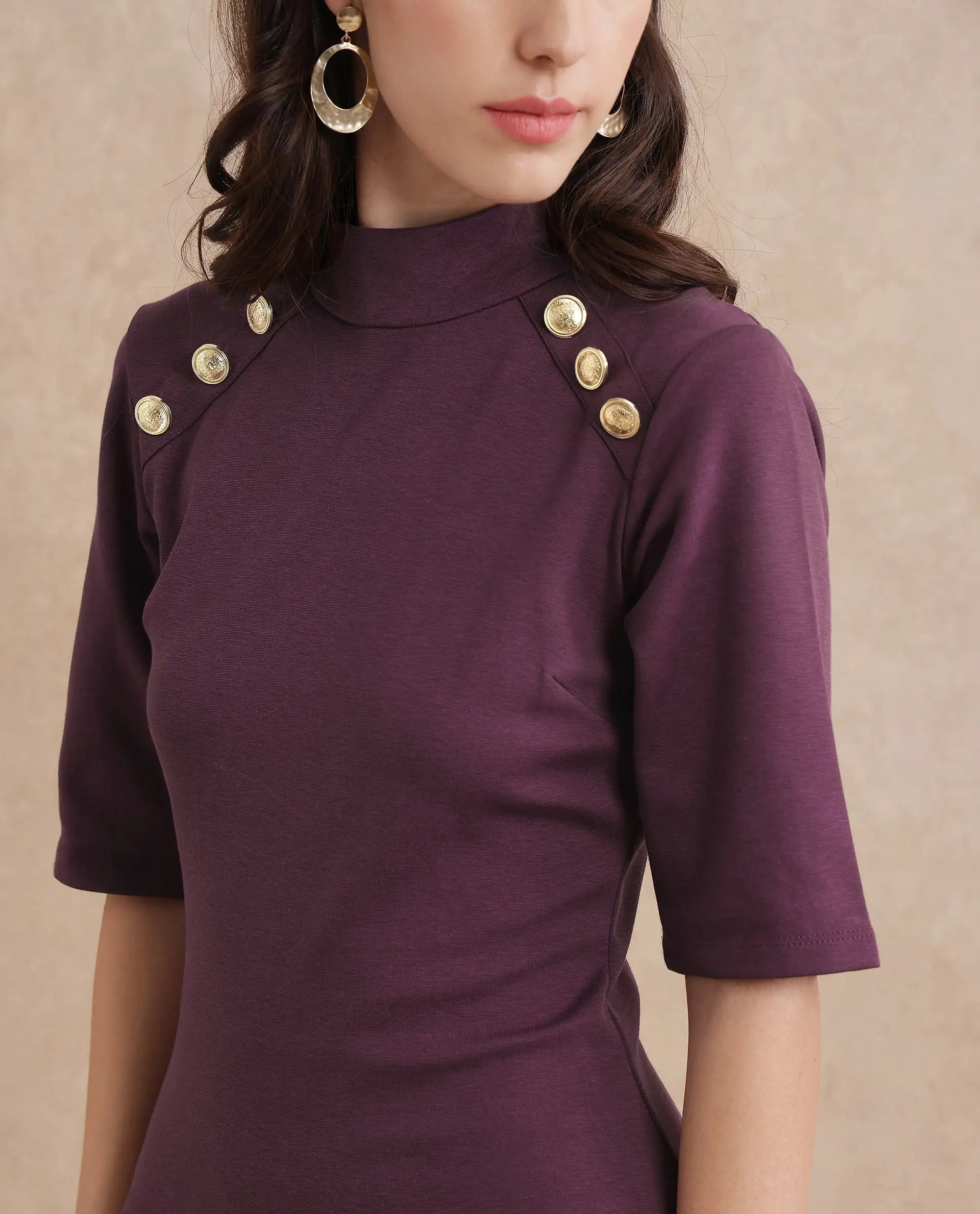 Rareism Women's Bolu Purple Cotton Blend Fabric High Neck Zipper Closure Half Sleeve Plain Bodycon Midi Dress