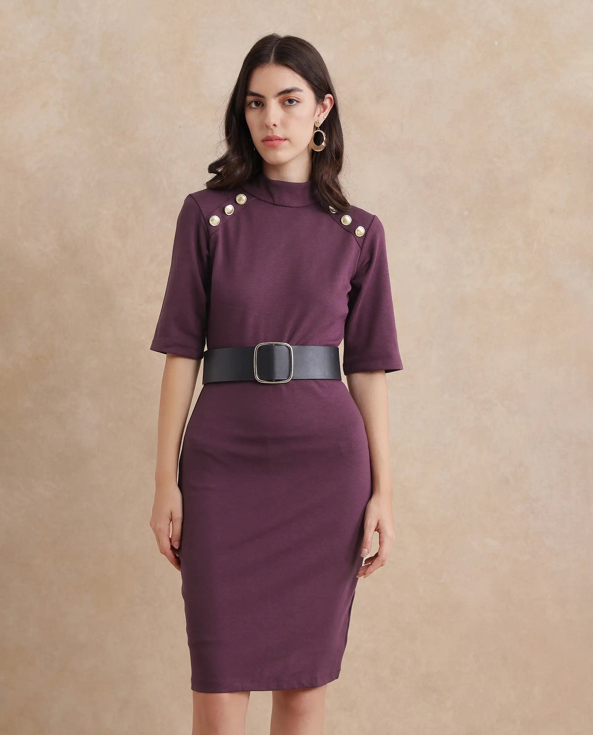 Rareism Women's Bolu Purple Cotton Blend Fabric High Neck Zipper Closure Half Sleeve Plain Bodycon Midi Dress