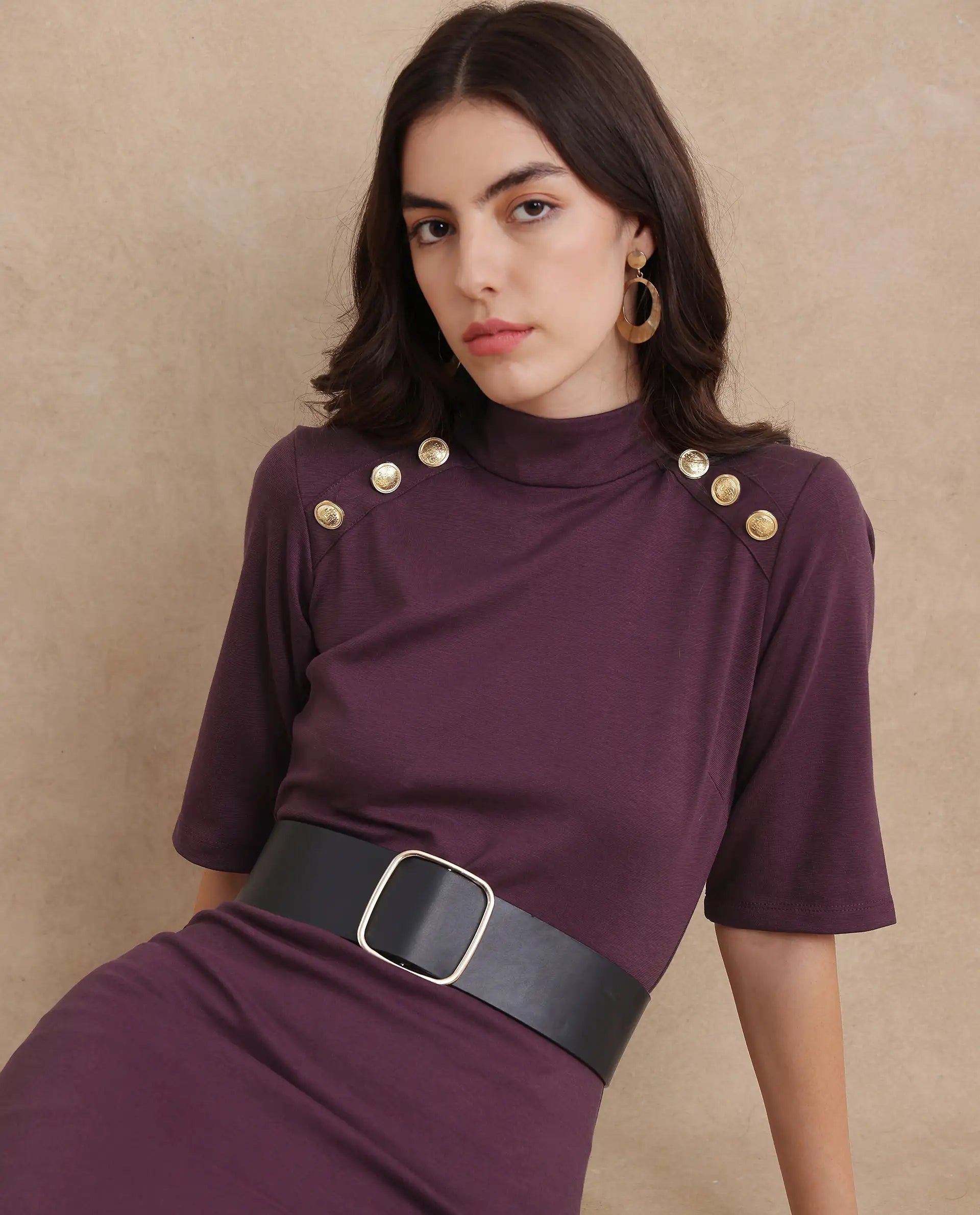 Rareism Women's Bolu Purple Cotton Blend Fabric High Neck Zipper Closure Half Sleeve Plain Bodycon Midi Dress