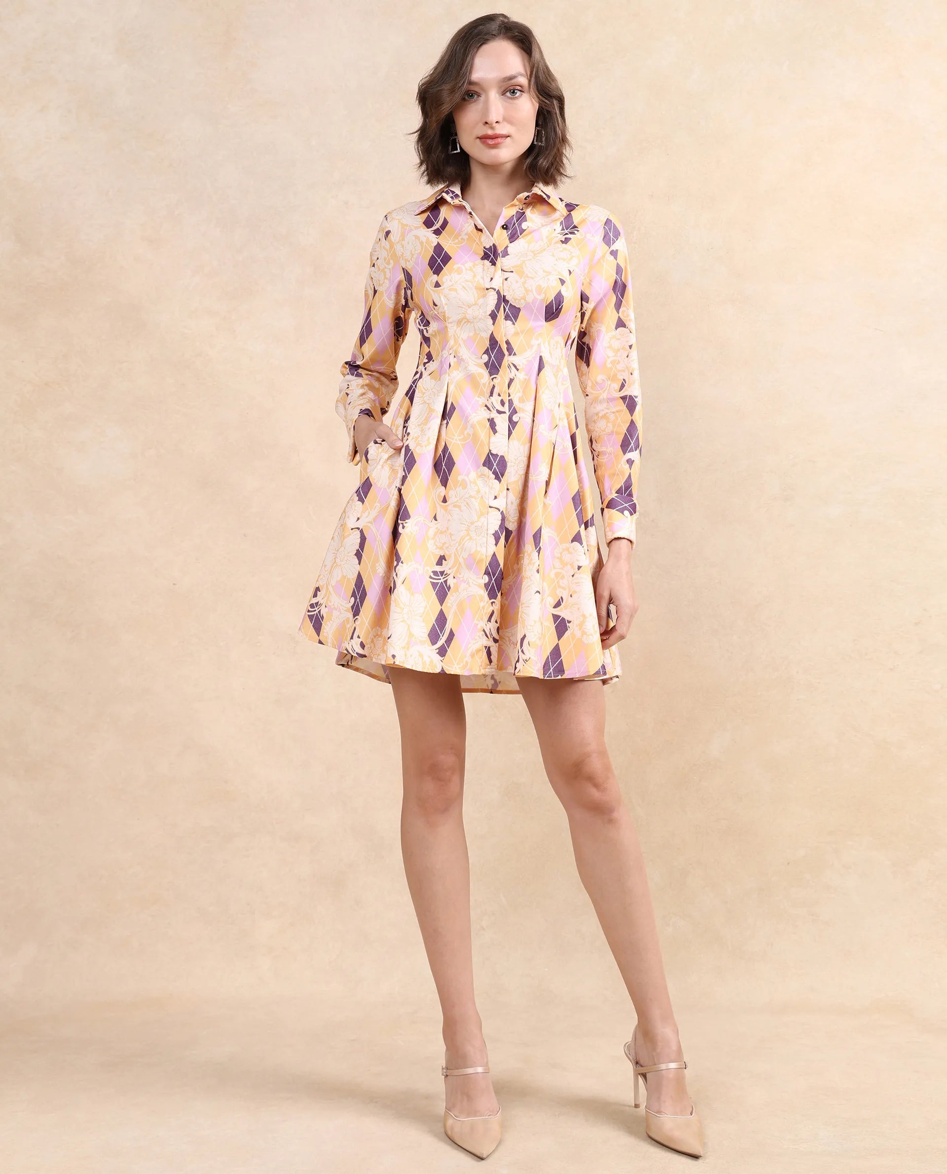 Rareism Women's Bolviana Light Multi Drop Collar Button Closure Cuffed Sleeve Floral Print Flared Mini Dress