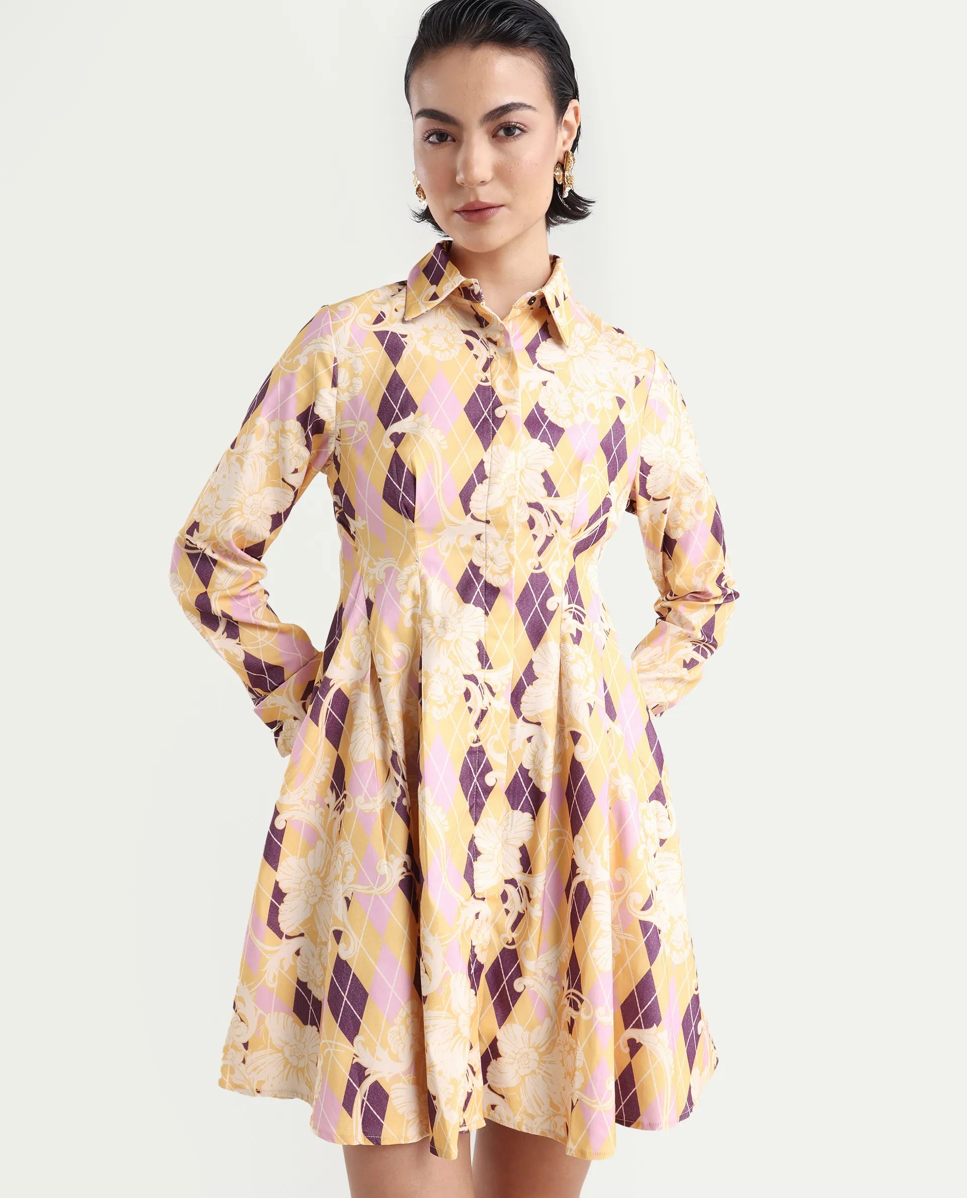 Rareism Women's Bolviana Light Multi Cotton Blend Drop Collar Floral Print Cuffed Sleeve Mini Flared Dress