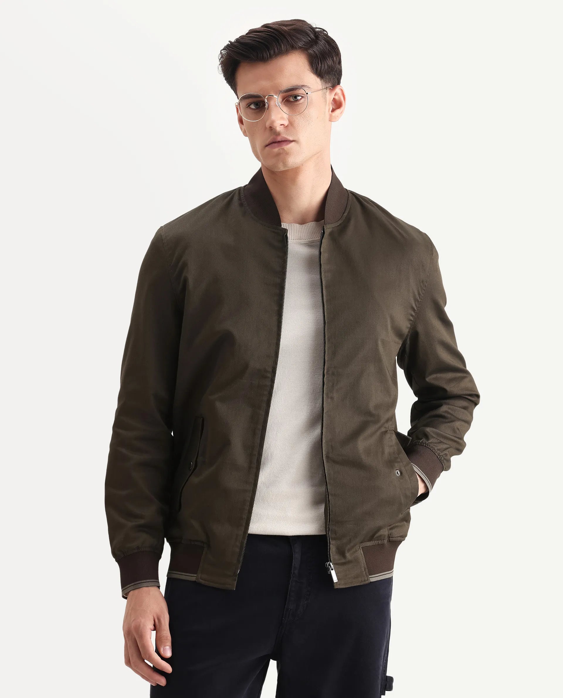 Rare Rabbit Men's Bom Olive Cotton Blend Fabric Ribbed Collar Regular Plain Jacket