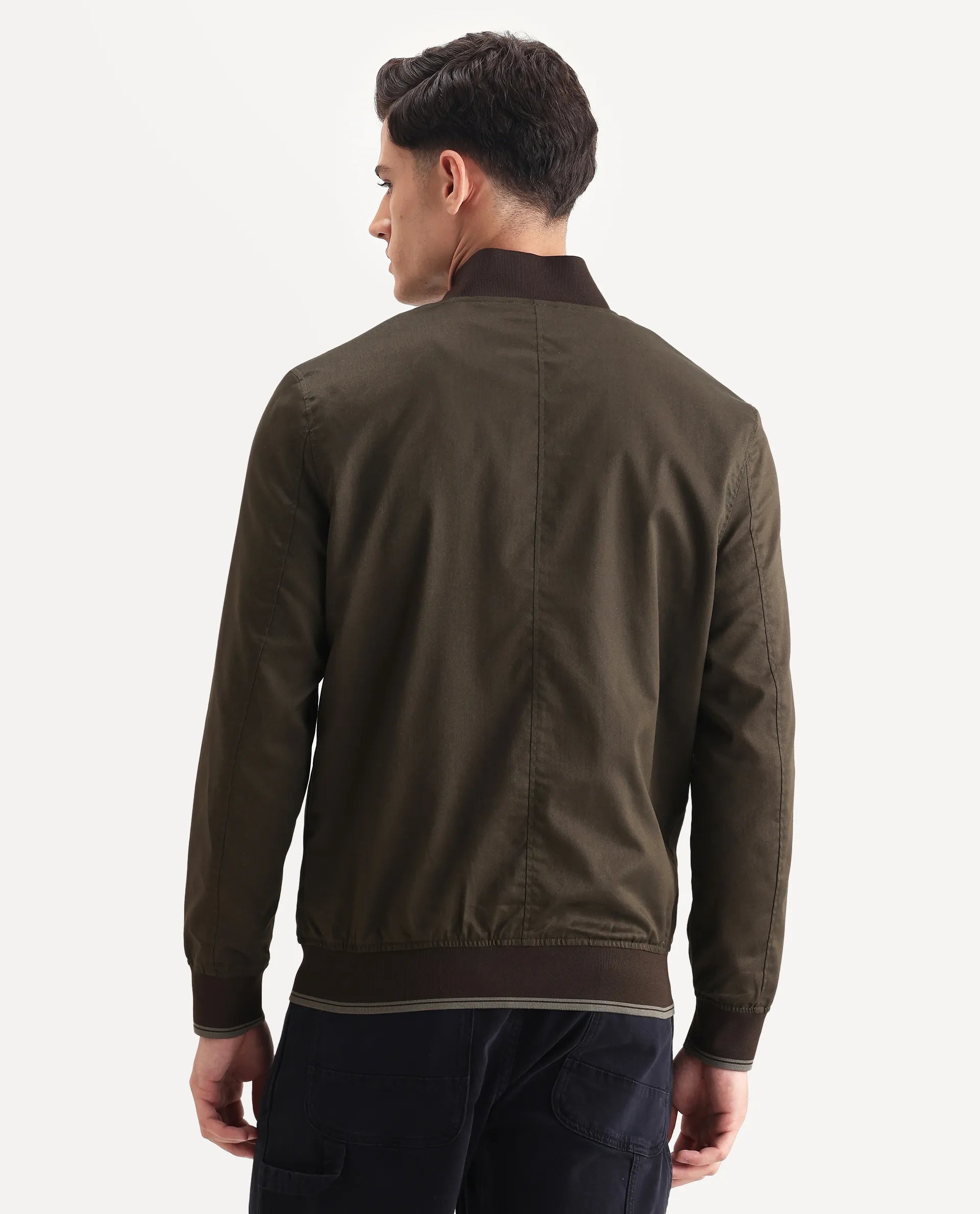 Rare Rabbit Men's Bom Olive Cotton Blend Fabric Ribbed Collar Regular Plain Jacket