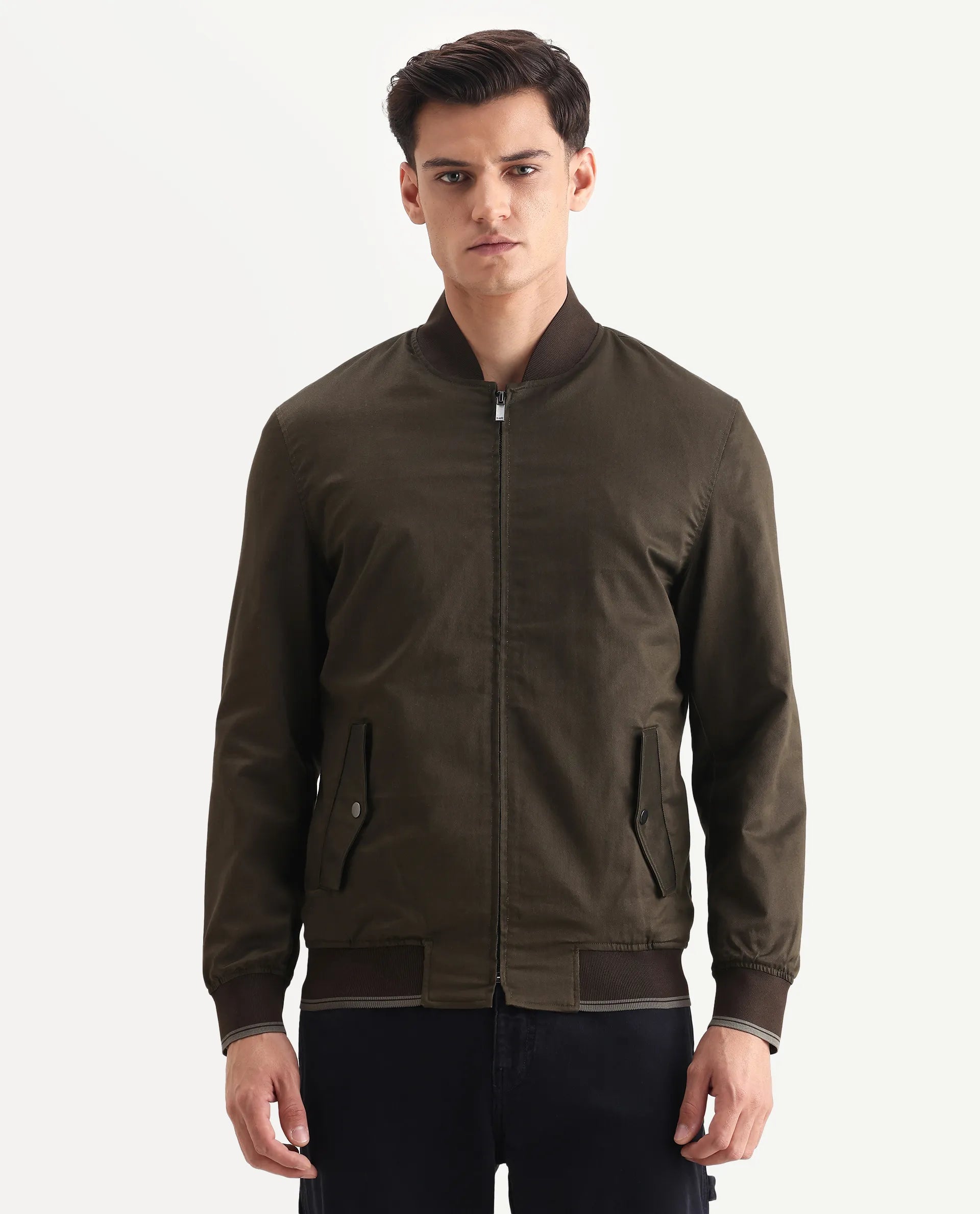 Rare Rabbit Men's Bom Olive Cotton Blend Fabric Ribbed Collar Regular Plain Jacket