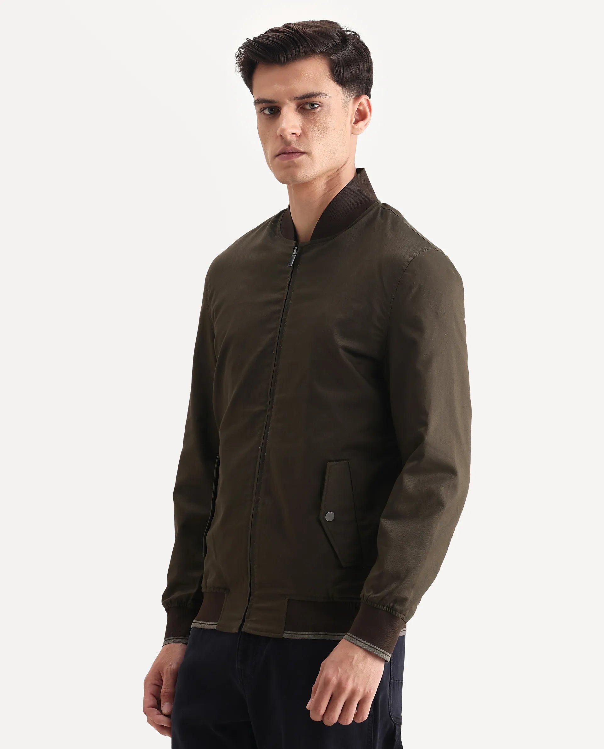 Rare Rabbit Men's Bom Olive Cotton Blend Fabric Ribbed Collar Regular Plain Jacket