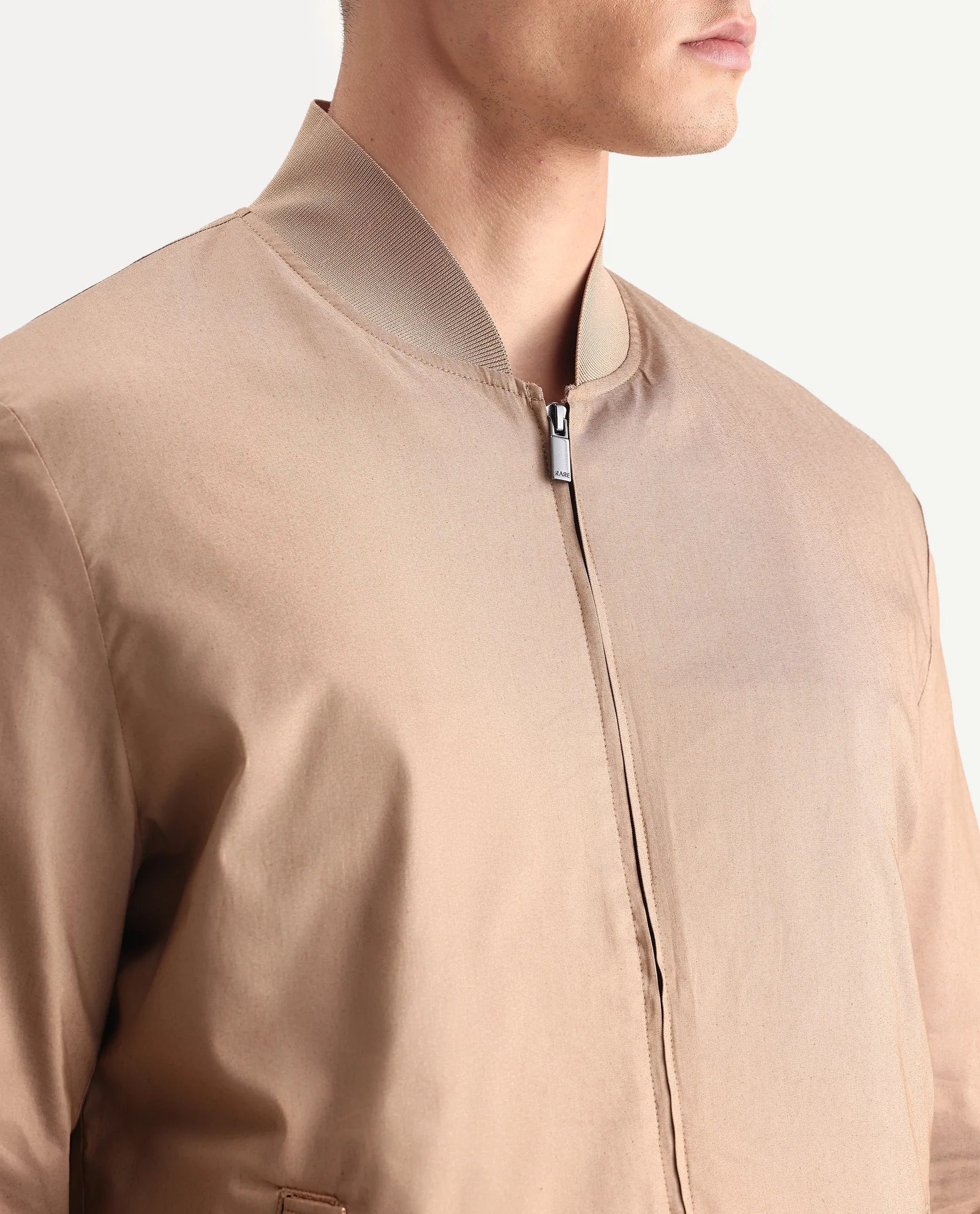 Rare Rabbit Men's Bom Tan Cotton Blend Fabric Ribbed Collar Regular Plain Jacket