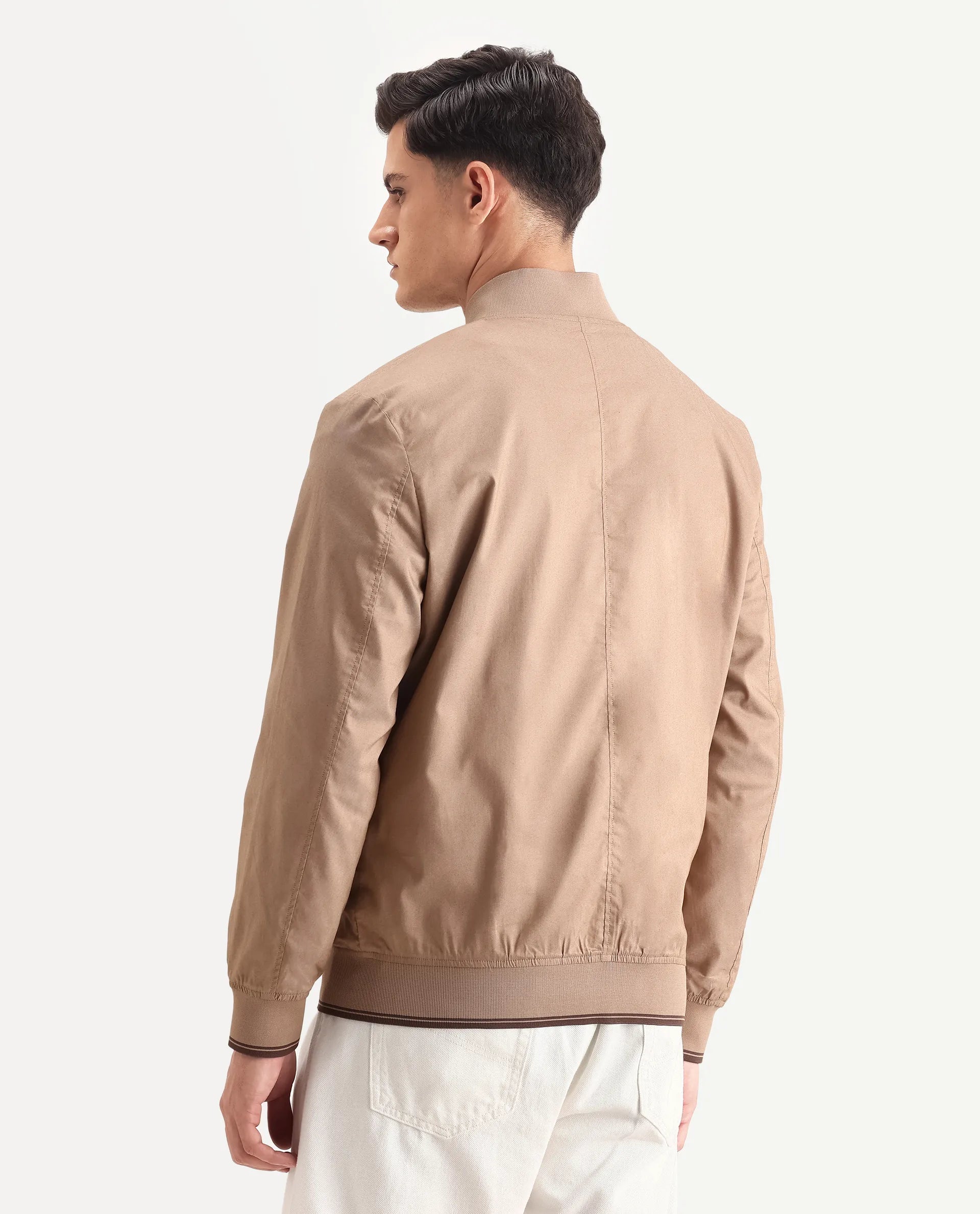 Rare Rabbit Men's Bom Tan Cotton Blend Fabric Ribbed Collar Regular Plain Jacket