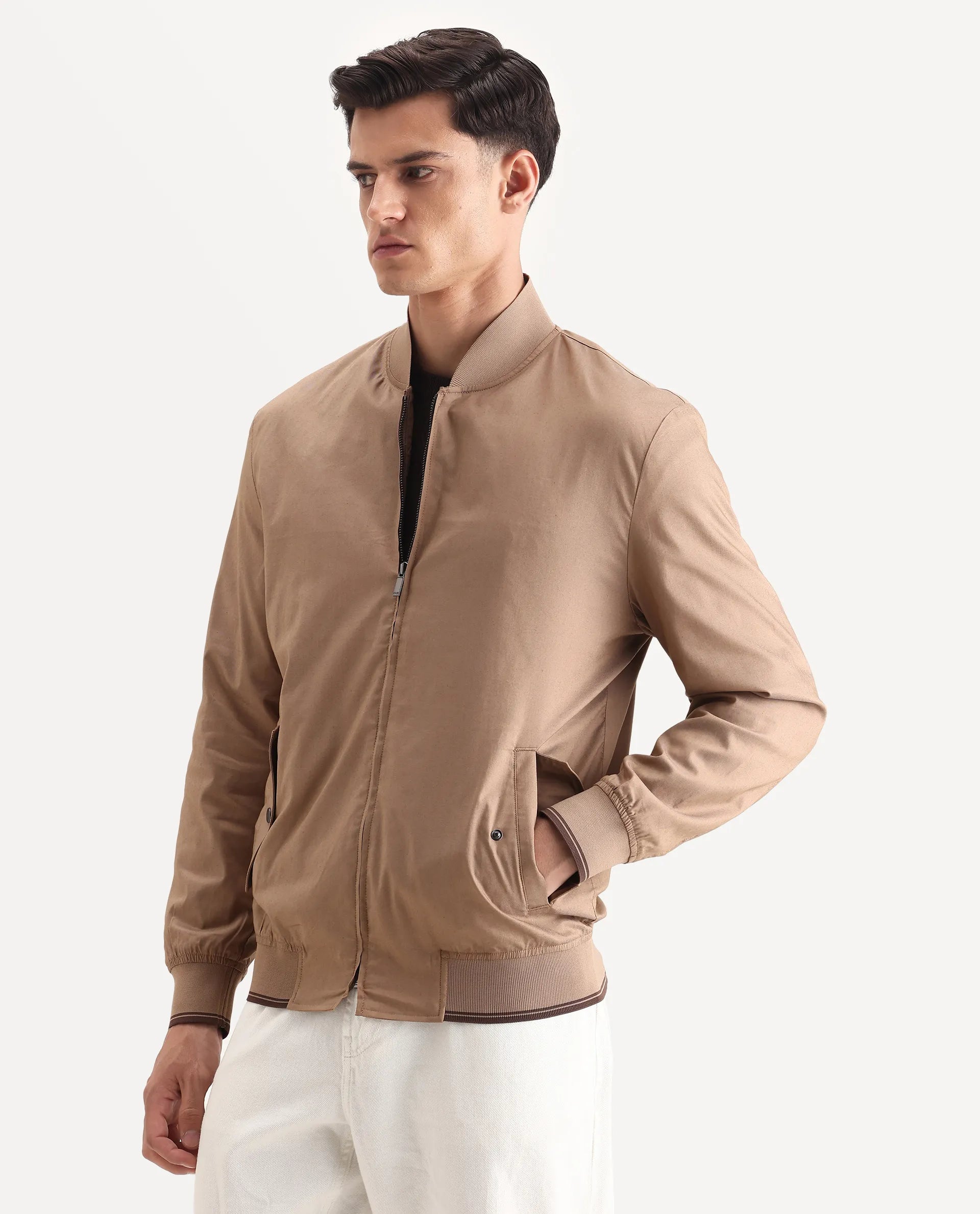 Rare Rabbit Men's Bom Tan Cotton Blend Fabric Ribbed Collar Regular Plain Jacket