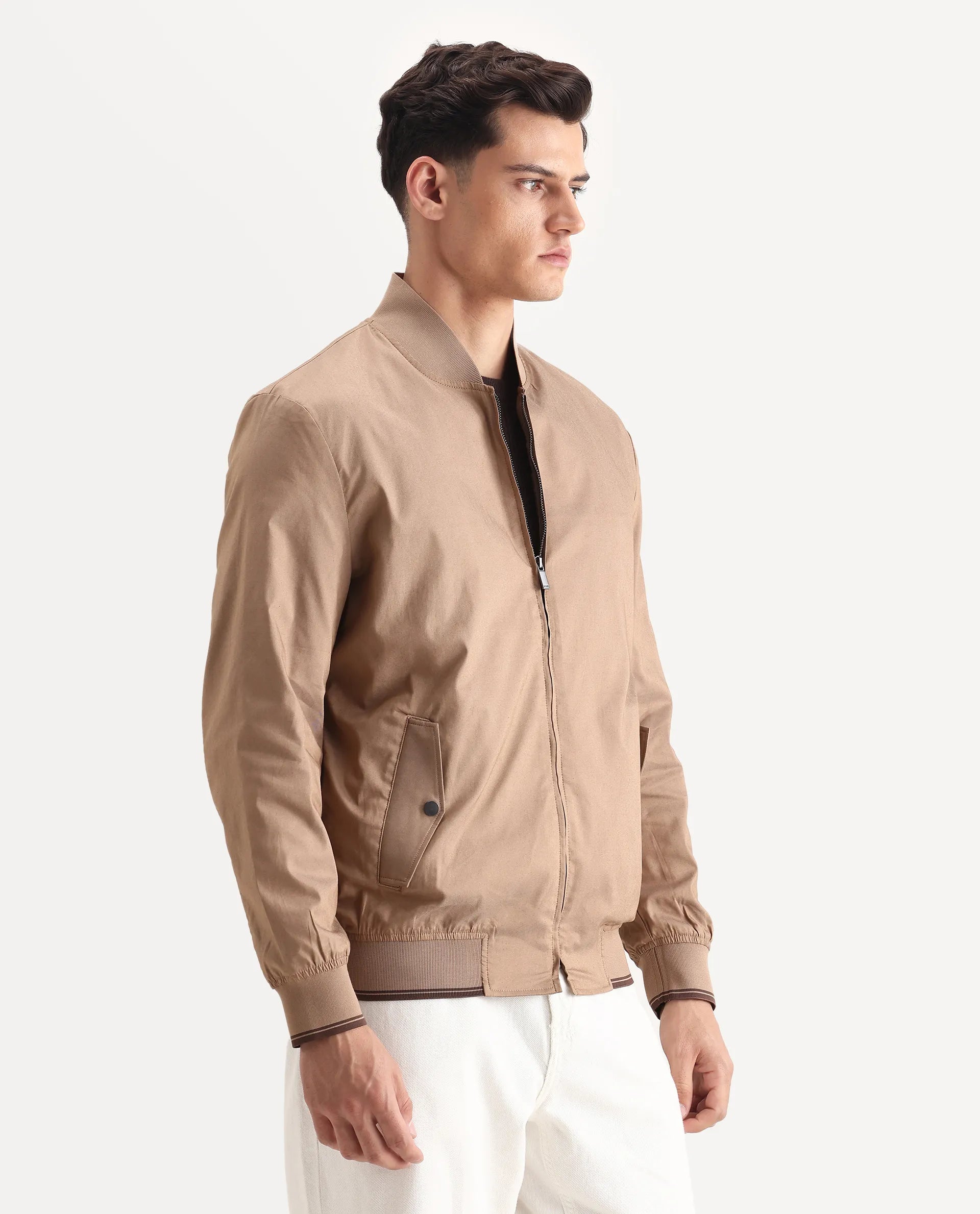 Rare Rabbit Men's Bom Tan Cotton Blend Fabric Ribbed Collar Regular Plain Jacket