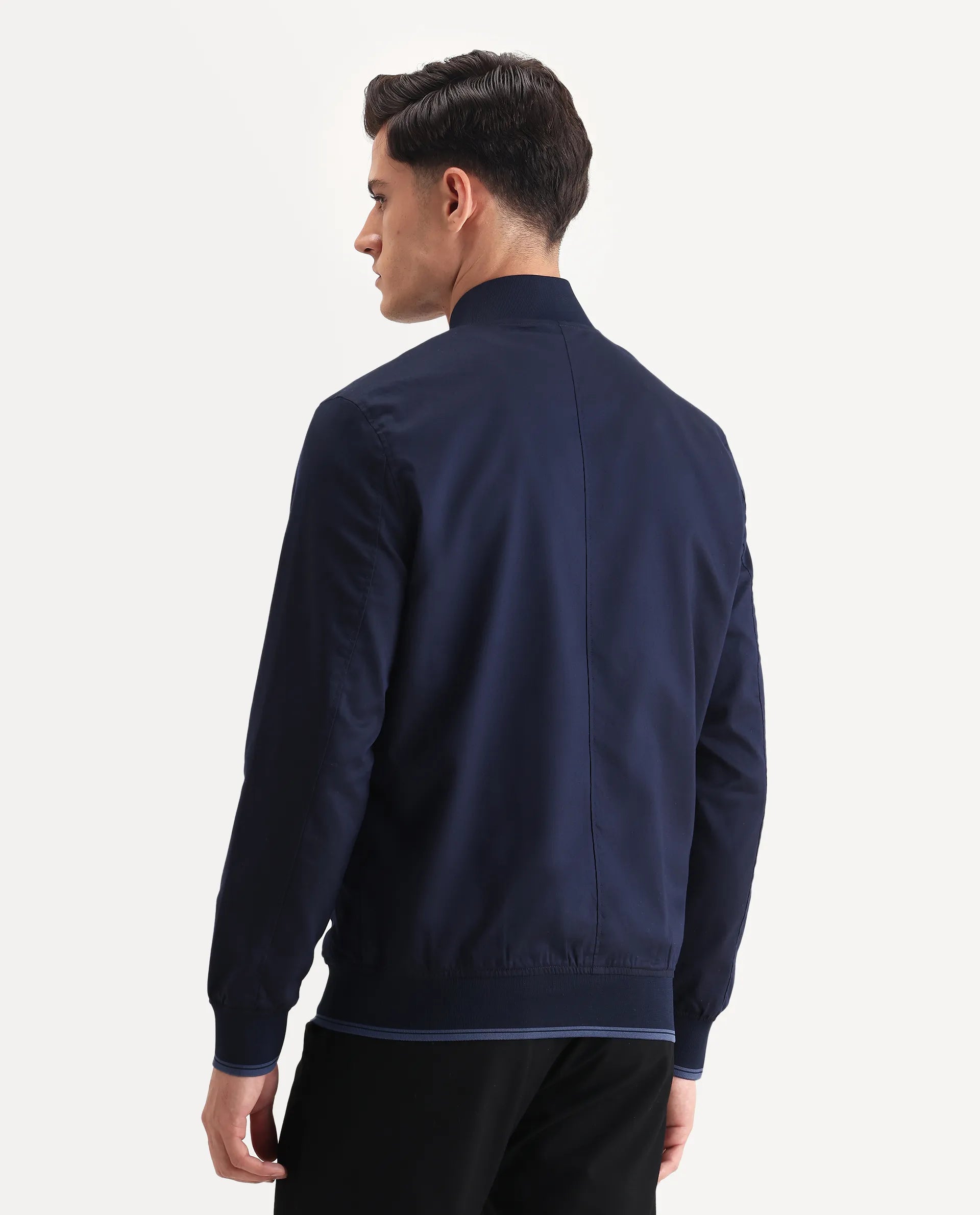 Rare Rabbit Men's Bom Navy Cotton Blend Fabric Ribbed Collar Regular Plain Jacket