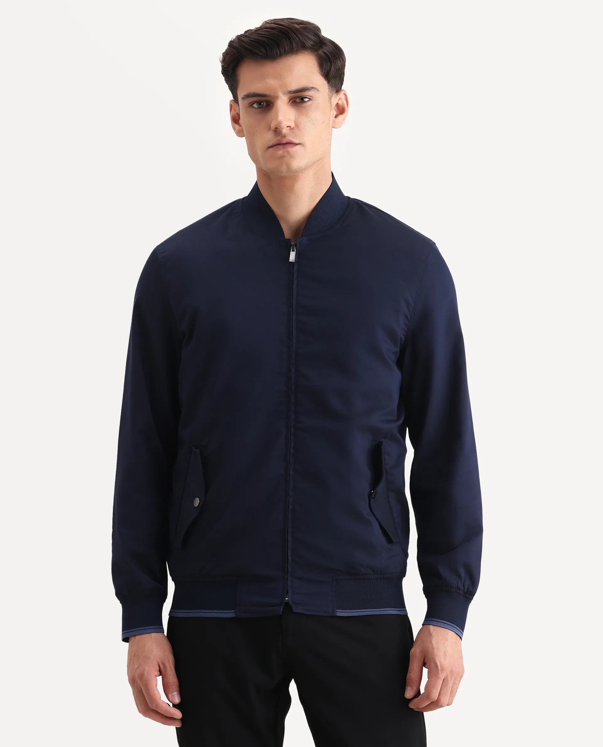Rare Rabbit Men's Bom Navy Cotton Blend Fabric Ribbed Collar Regular Plain Jacket
