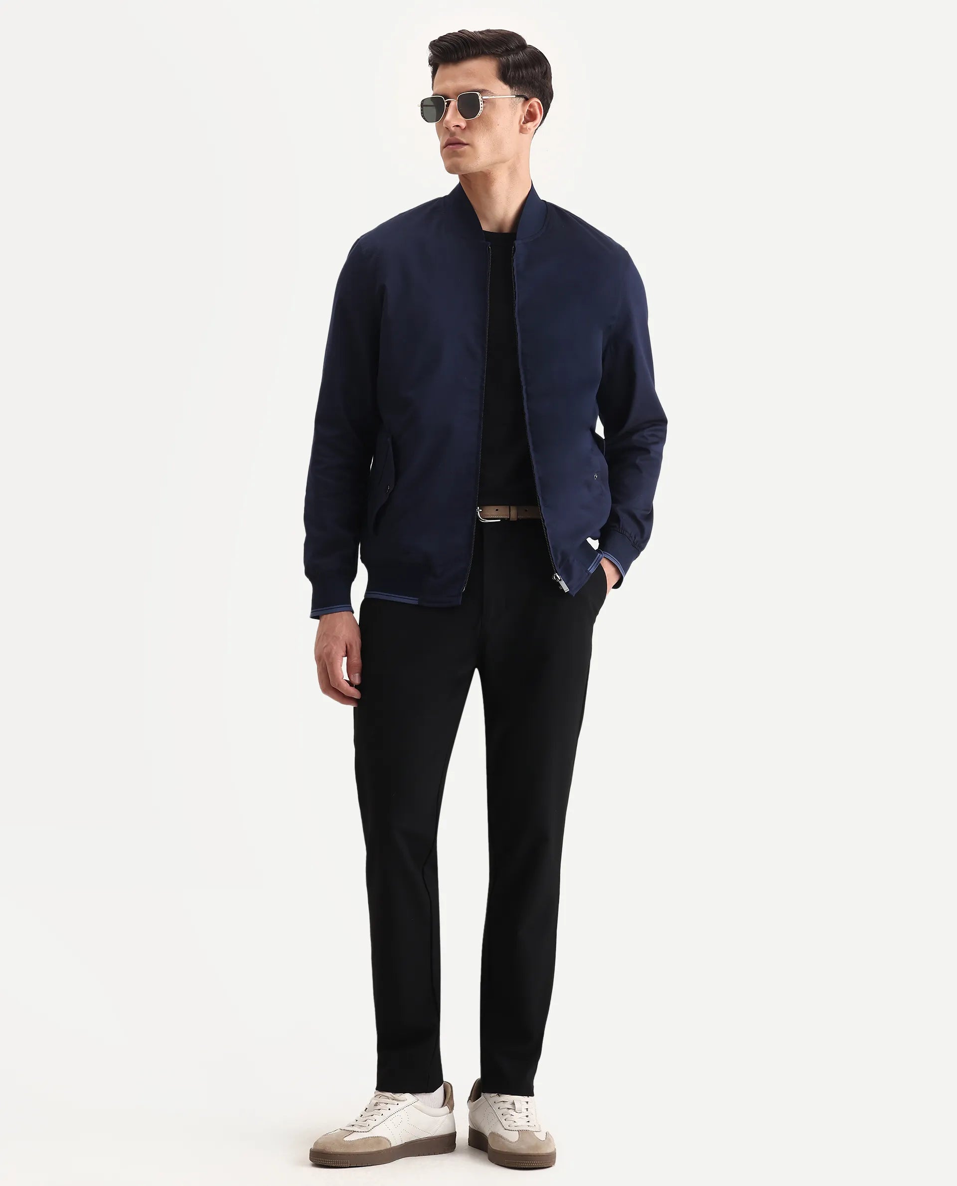 Rare Rabbit Men's Bom Navy Cotton Blend Fabric Ribbed Collar Regular Plain Jacket