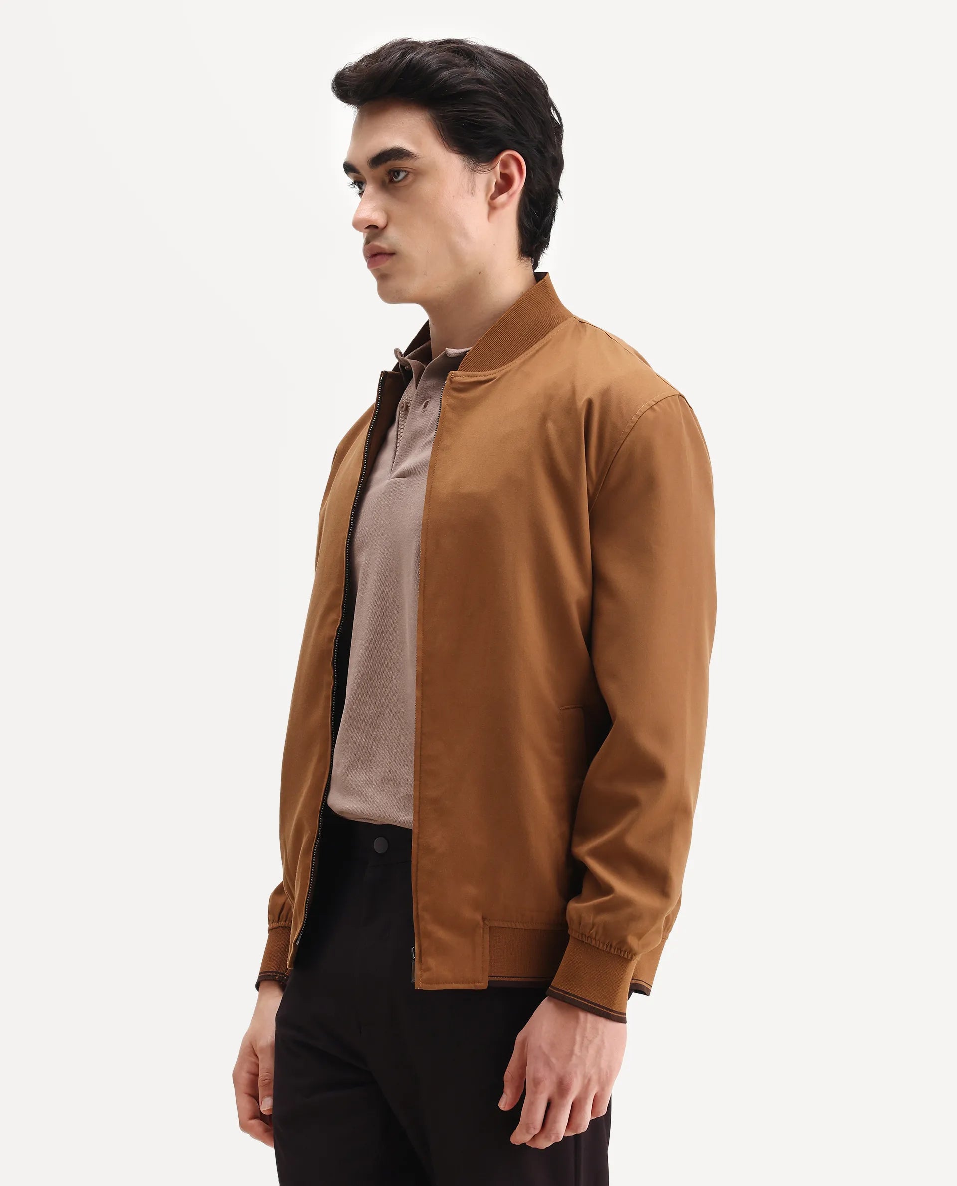 Rare Rabbit Men's Bomto Light Brown Polyester Blend Fabric High Neck Relaxed Plain Jacket