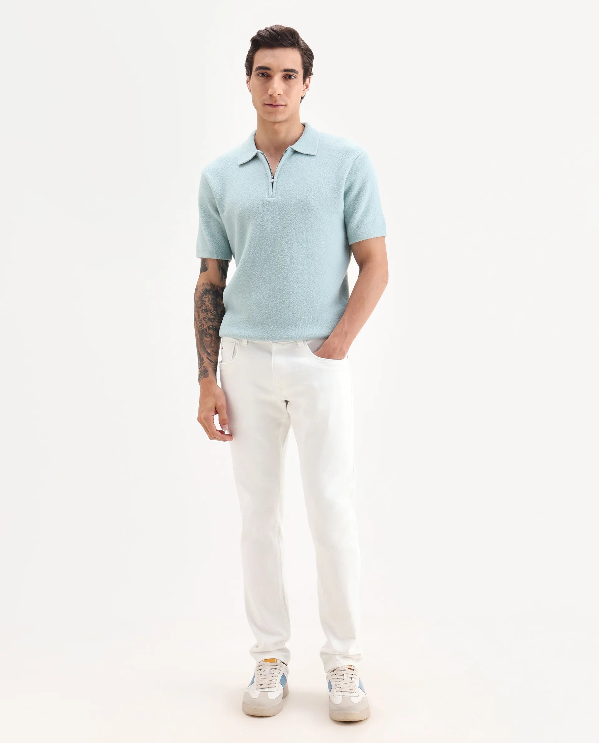 Rare Rabbit Men's Bone Whtie Cotton Blend Fabric Hawk Slim Plain Jeans