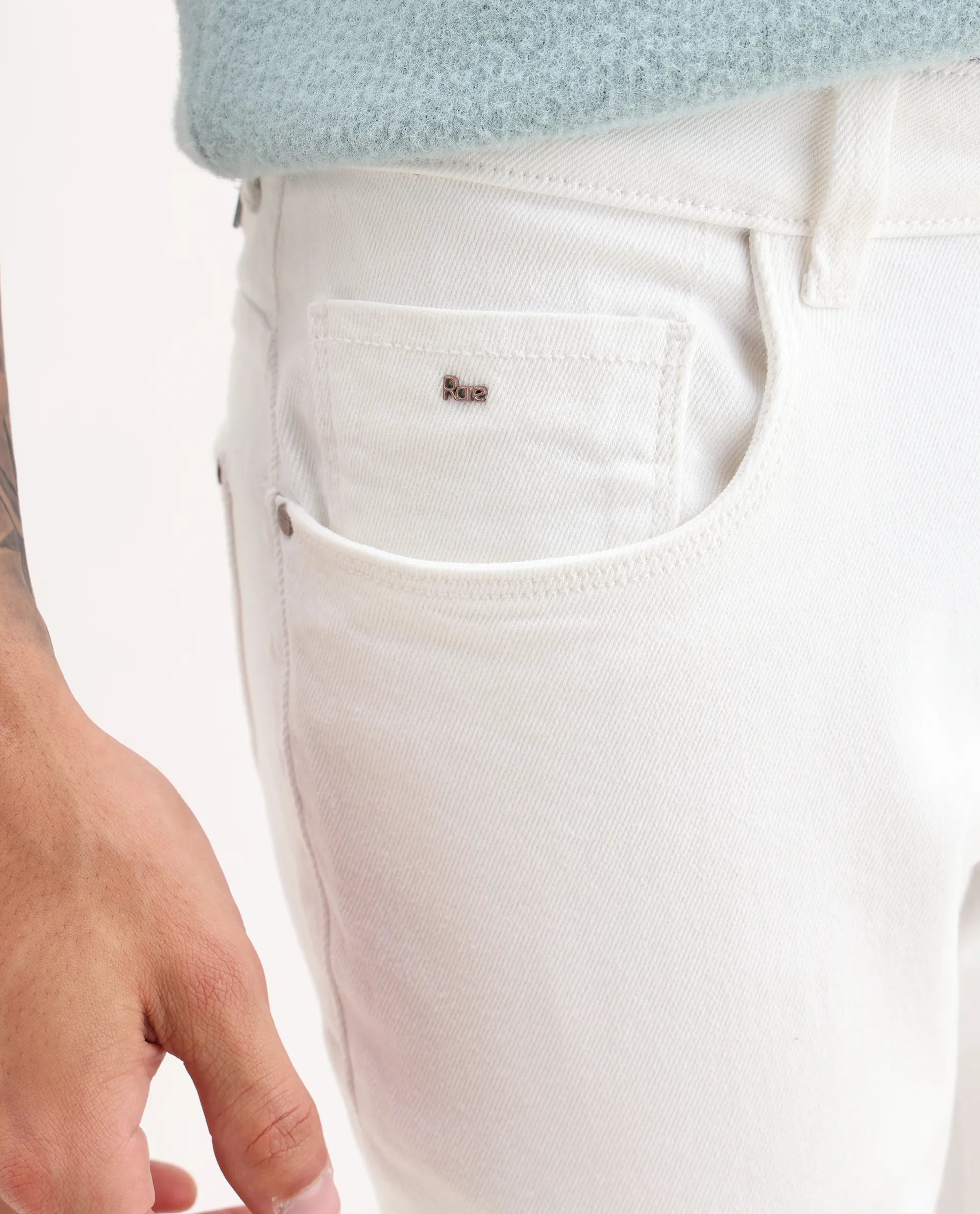 Rare Rabbit Men's Bone Whtie Cotton Blend Fabric Hawk Slim Plain Jeans