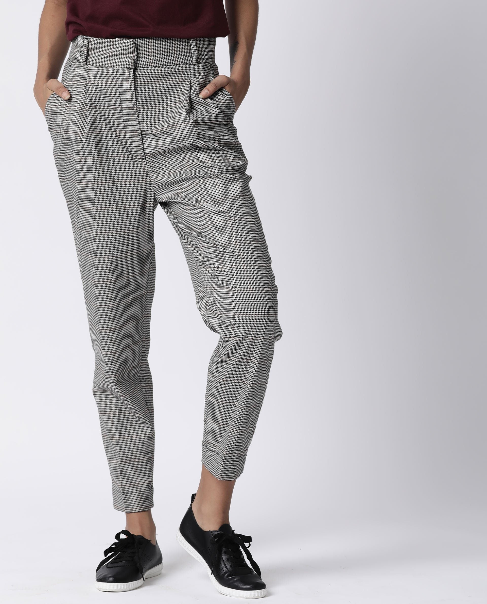 Rareism Womens Bono Beige Trouser High Waist Regular Fit Check Fabric Hook And Eye Closure