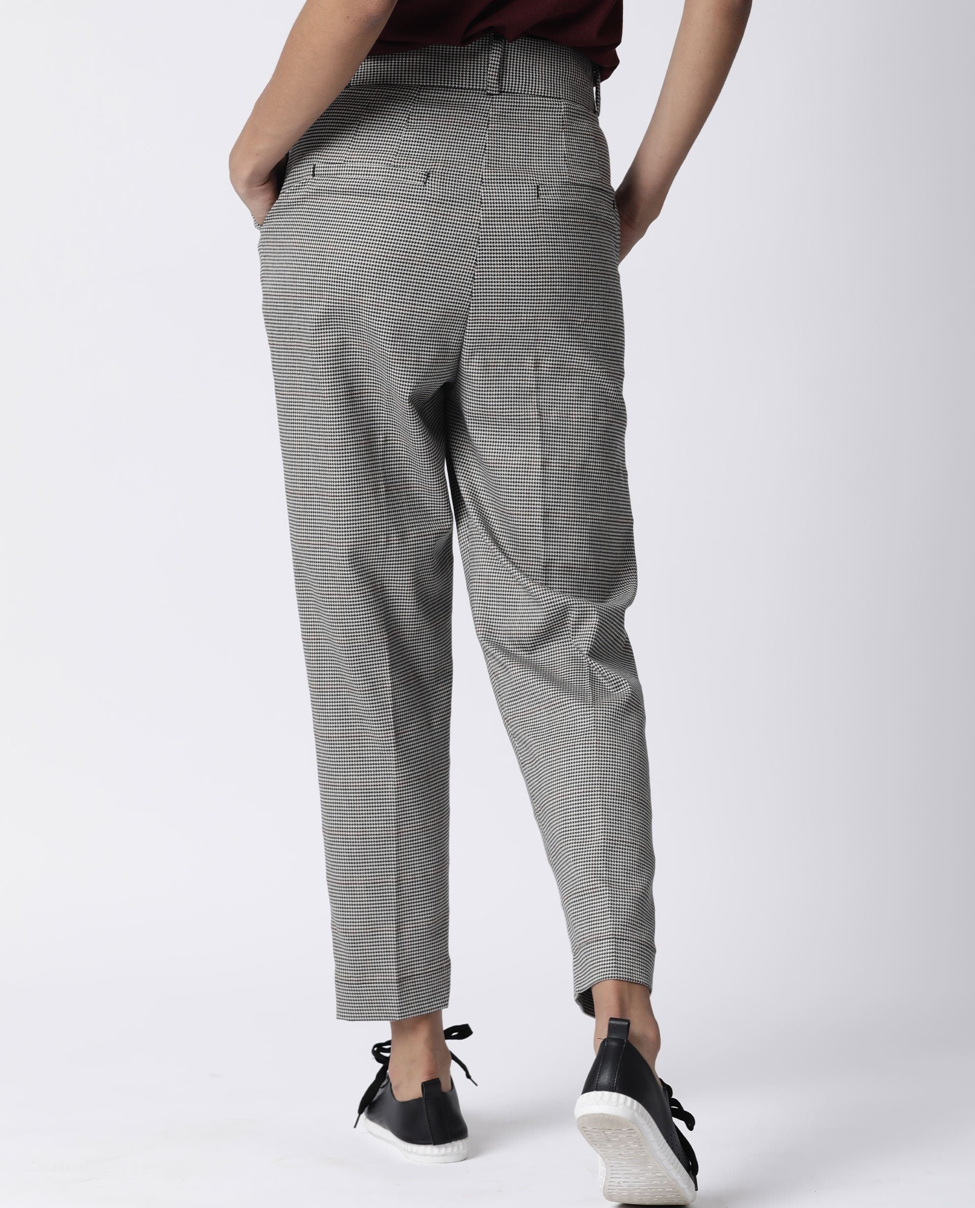 Rareism Womens Bono Beige Trouser High Waist Regular Fit Check Fabric Hook And Eye Closure