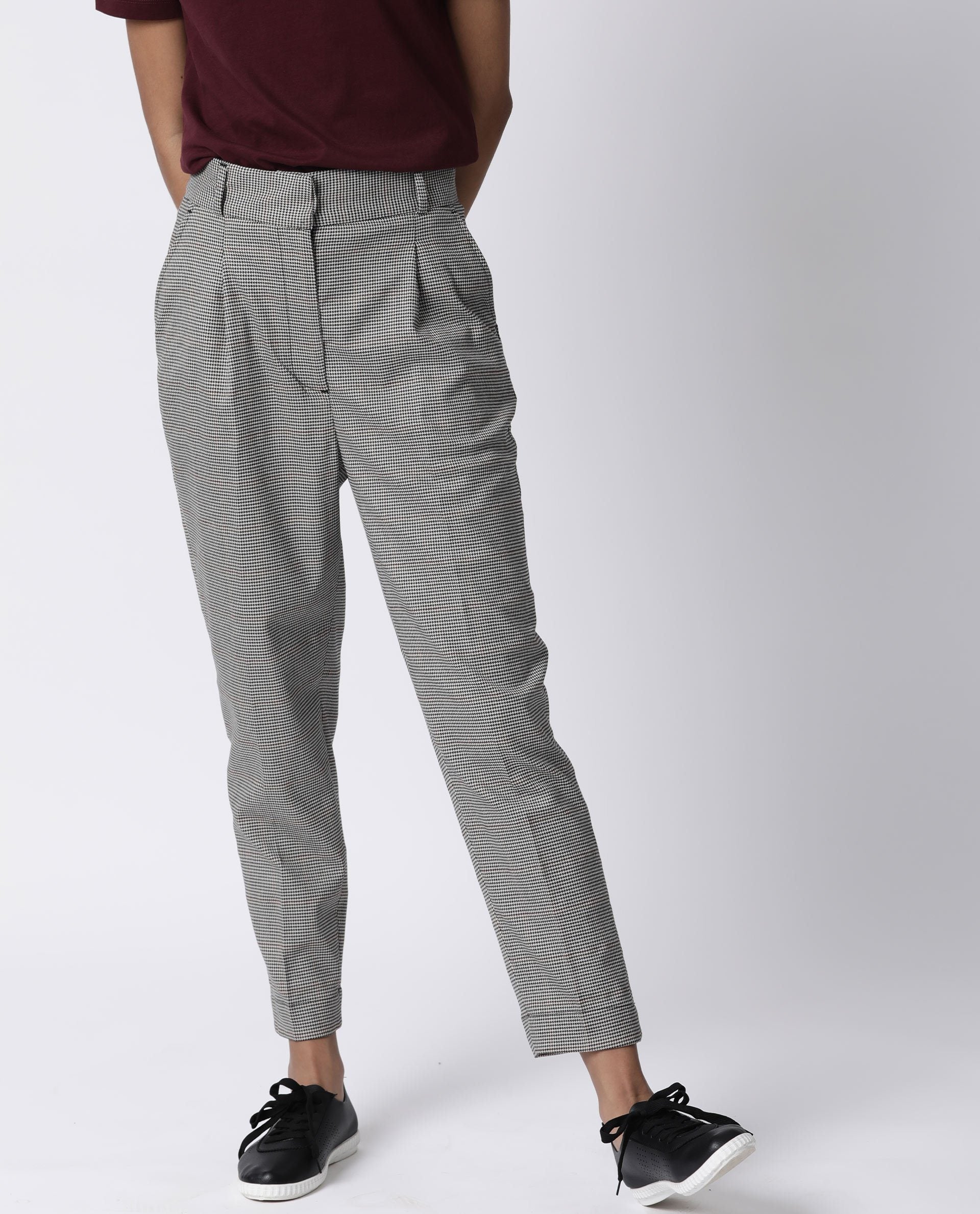 Rareism Womens Bono Beige Trouser High Waist Regular Fit Check Fabric Hook And Eye Closure