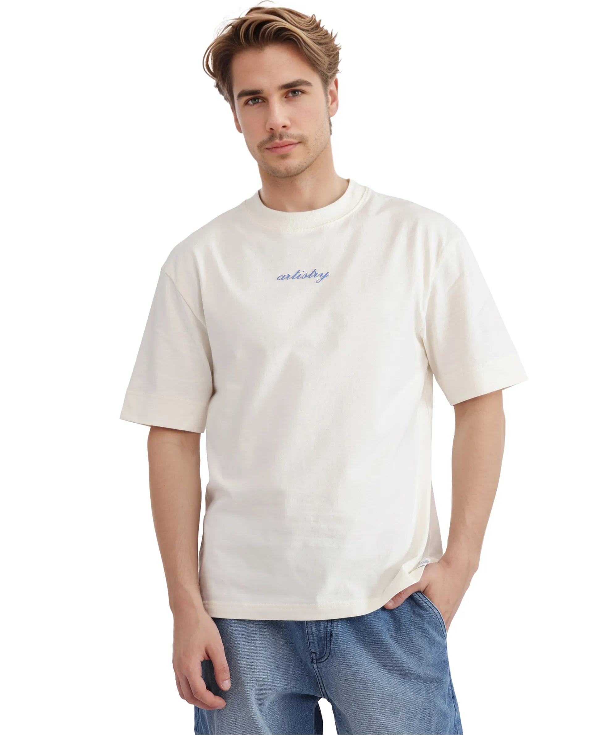 Rare Rabbit Men Bonz-1 Off White Knitted Short Sleeve Crew Neck Boxy Fit Printed T-Shirt