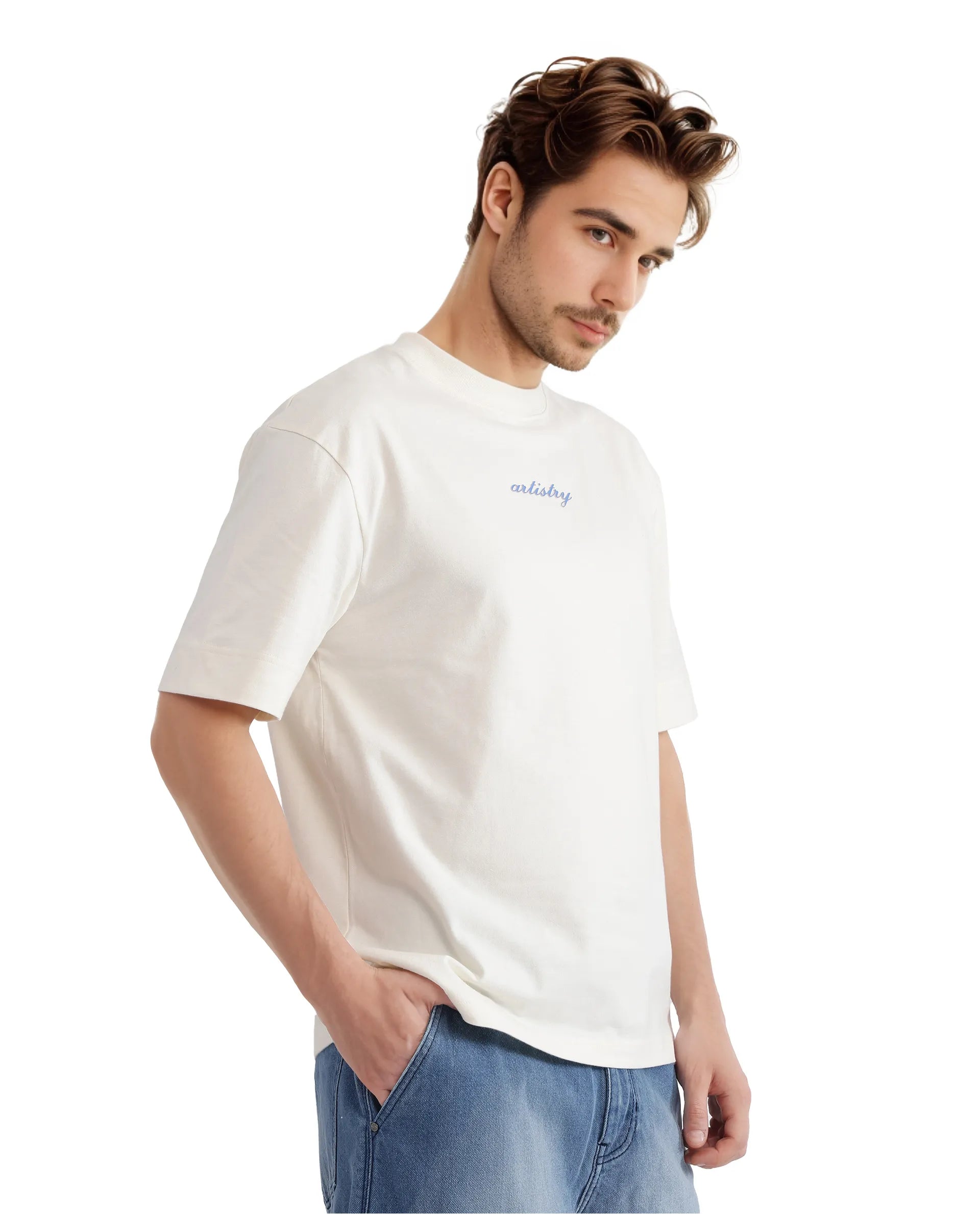 Rare Rabbit Men Bonz-1 Off White Knitted Short Sleeve Crew Neck Boxy Fit Printed T-Shirt