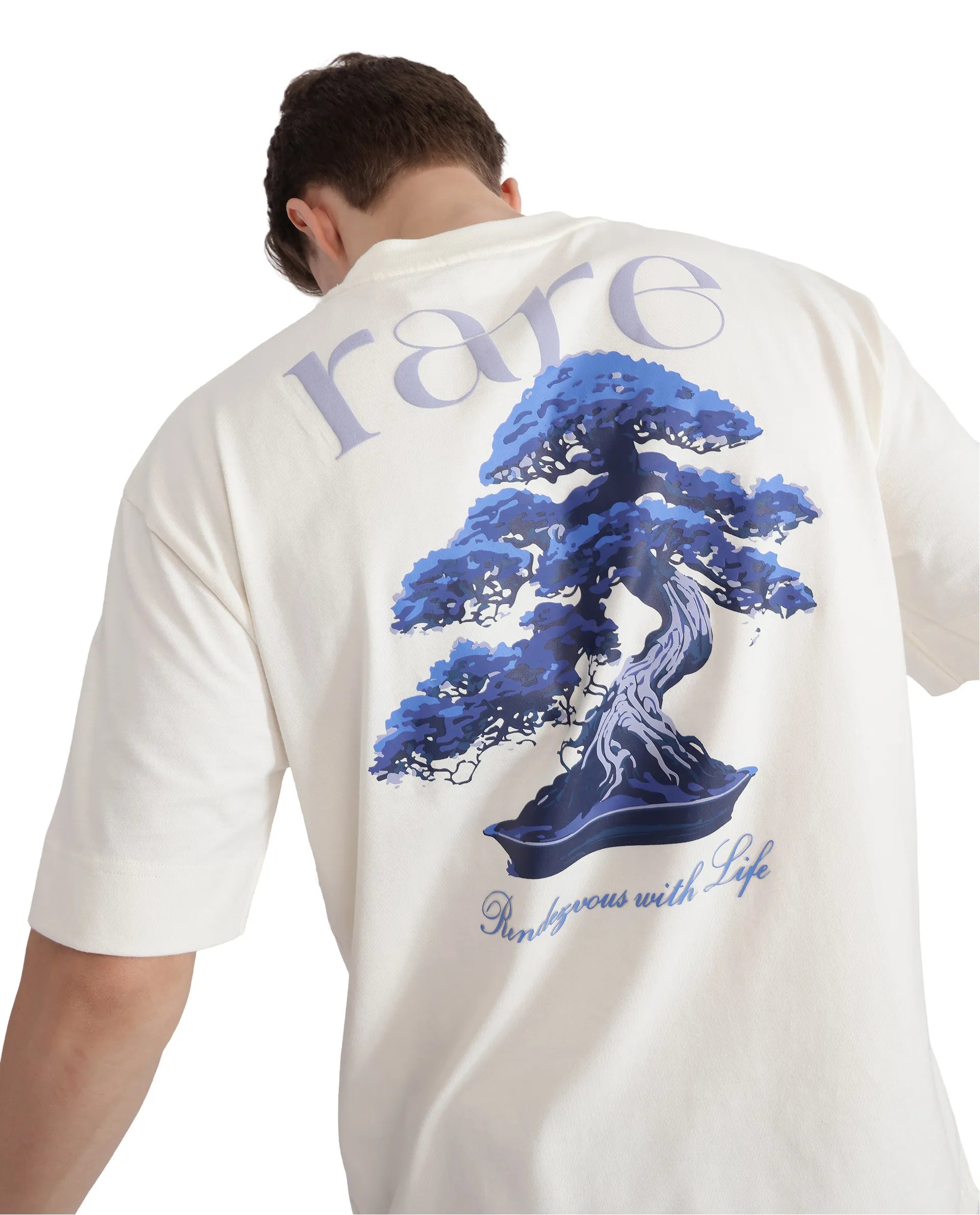 Rare Rabbit Men Bonz-1 Off White Knitted Short Sleeve Crew Neck Boxy Fit Printed T-Shirt