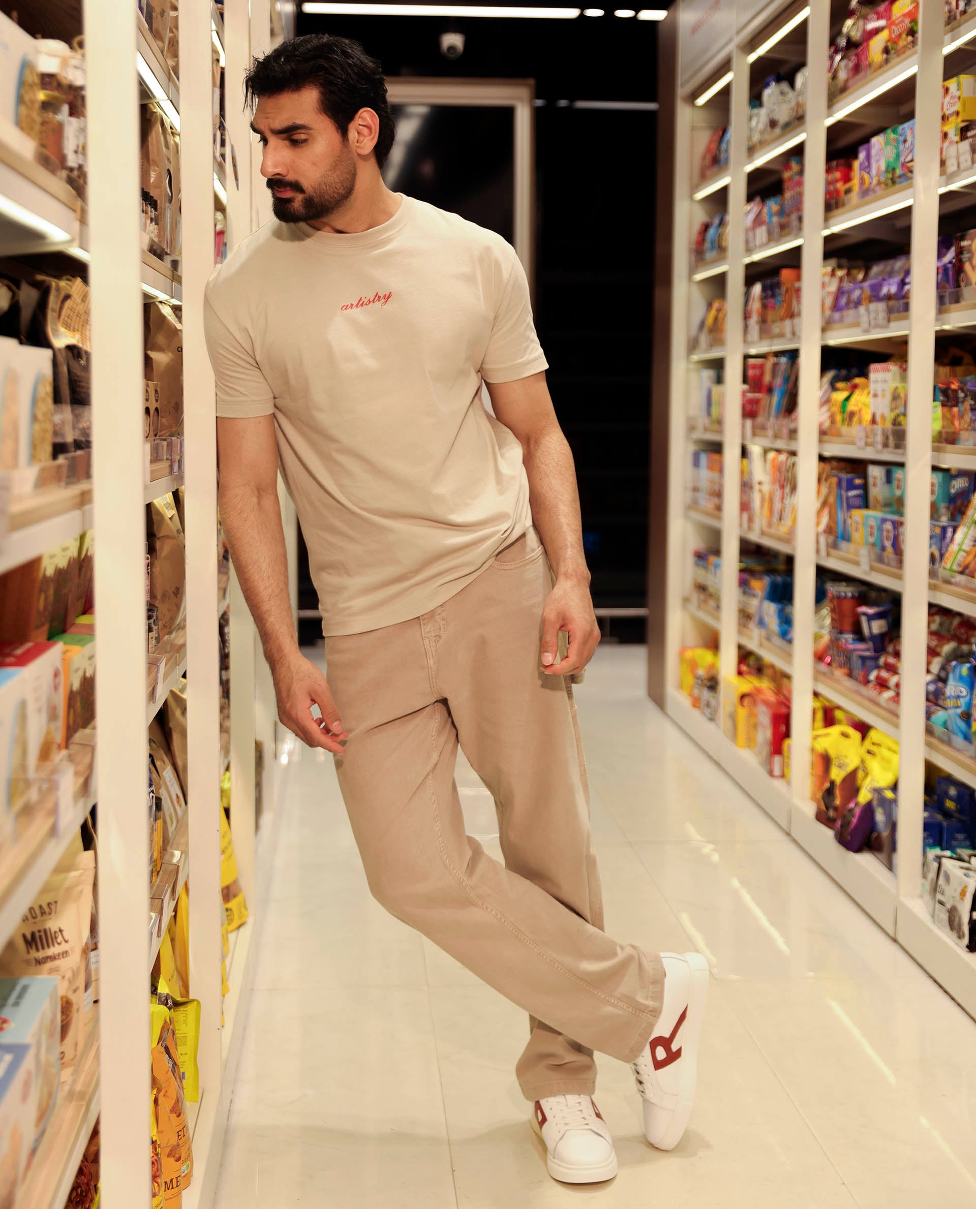 Rare Rabbit Articale Men's Bonz Beige Cotton Polyester Fabric Crew Neck Oversized Fit Botanical Print T-Shirt