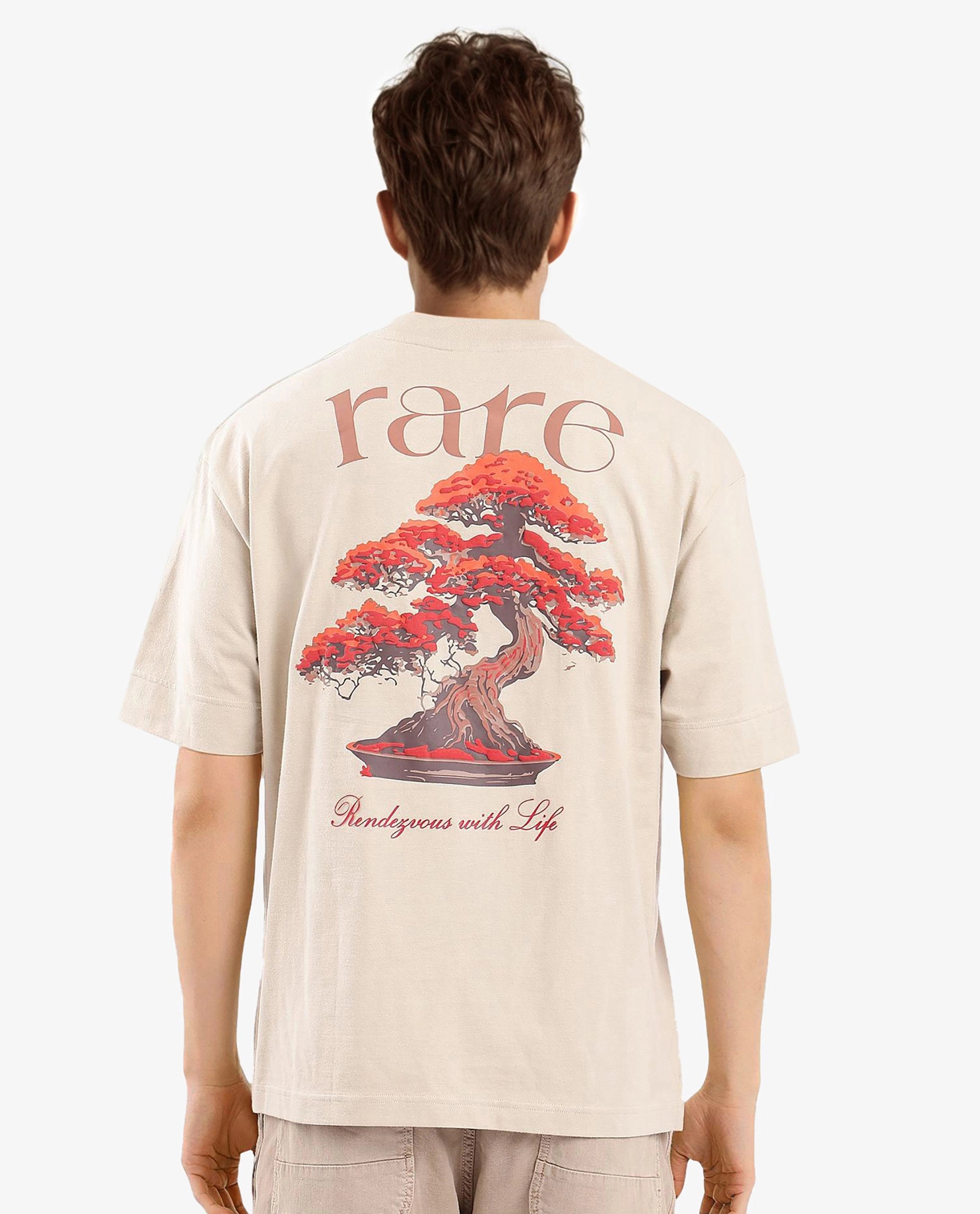 Rare Rabbit Articale Men's Bonz Beige Cotton Polyester Fabric Crew Neck Oversized Fit Botanical Print T-Shirt
