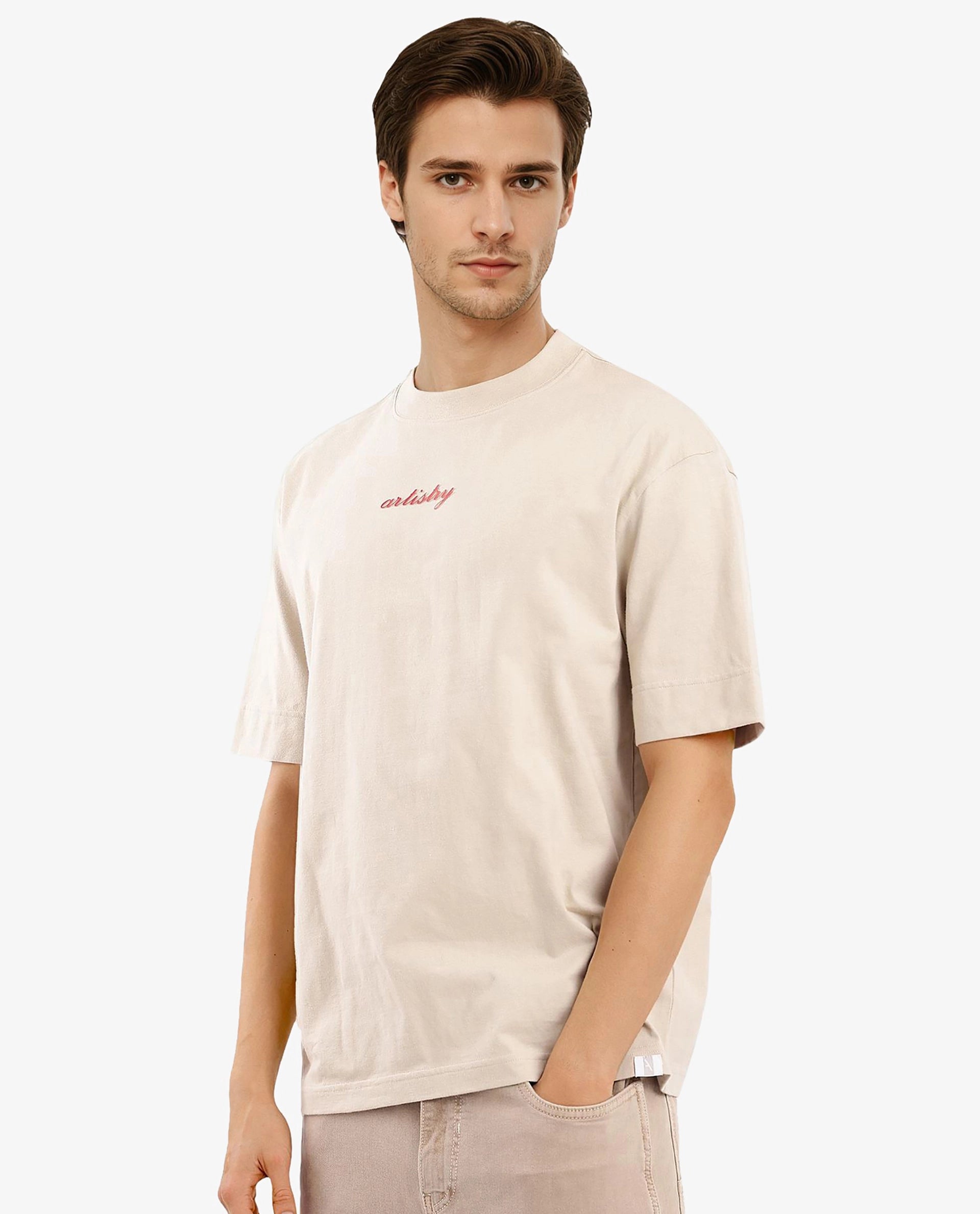 Rare Rabbit Articale Men's Bonz Beige Cotton Polyester Fabric Crew Neck Oversized Fit Botanical Print T-Shirt