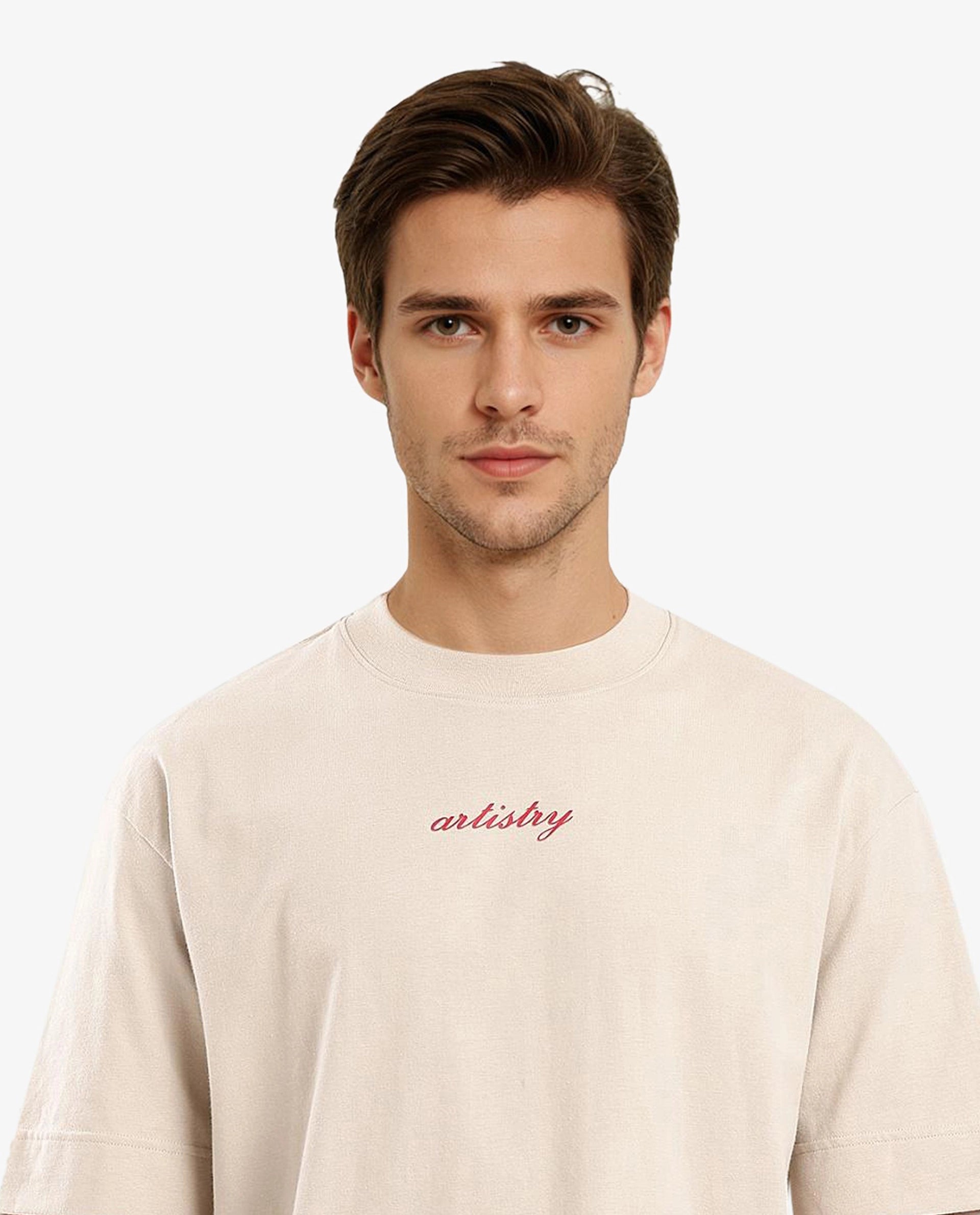 Rare Rabbit Articale Men's Bonz Beige Cotton Polyester Fabric Crew Neck Oversized Fit Botanical Print T-Shirt