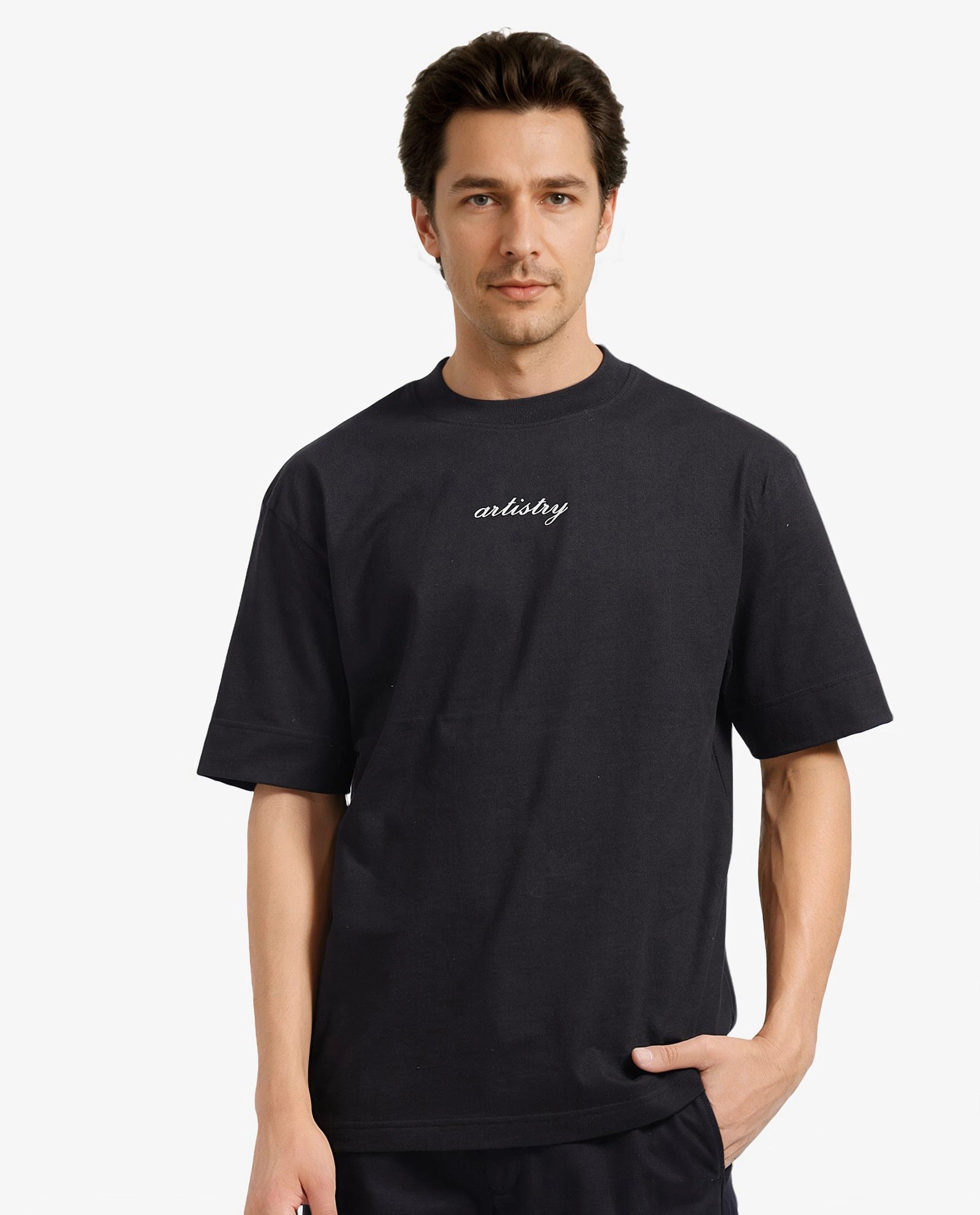 Rare Rabbit Men Bonz-1 Black Knitted Short Sleeve Crew Neck Oversized Fit Puff Graphic Print T-Shirt