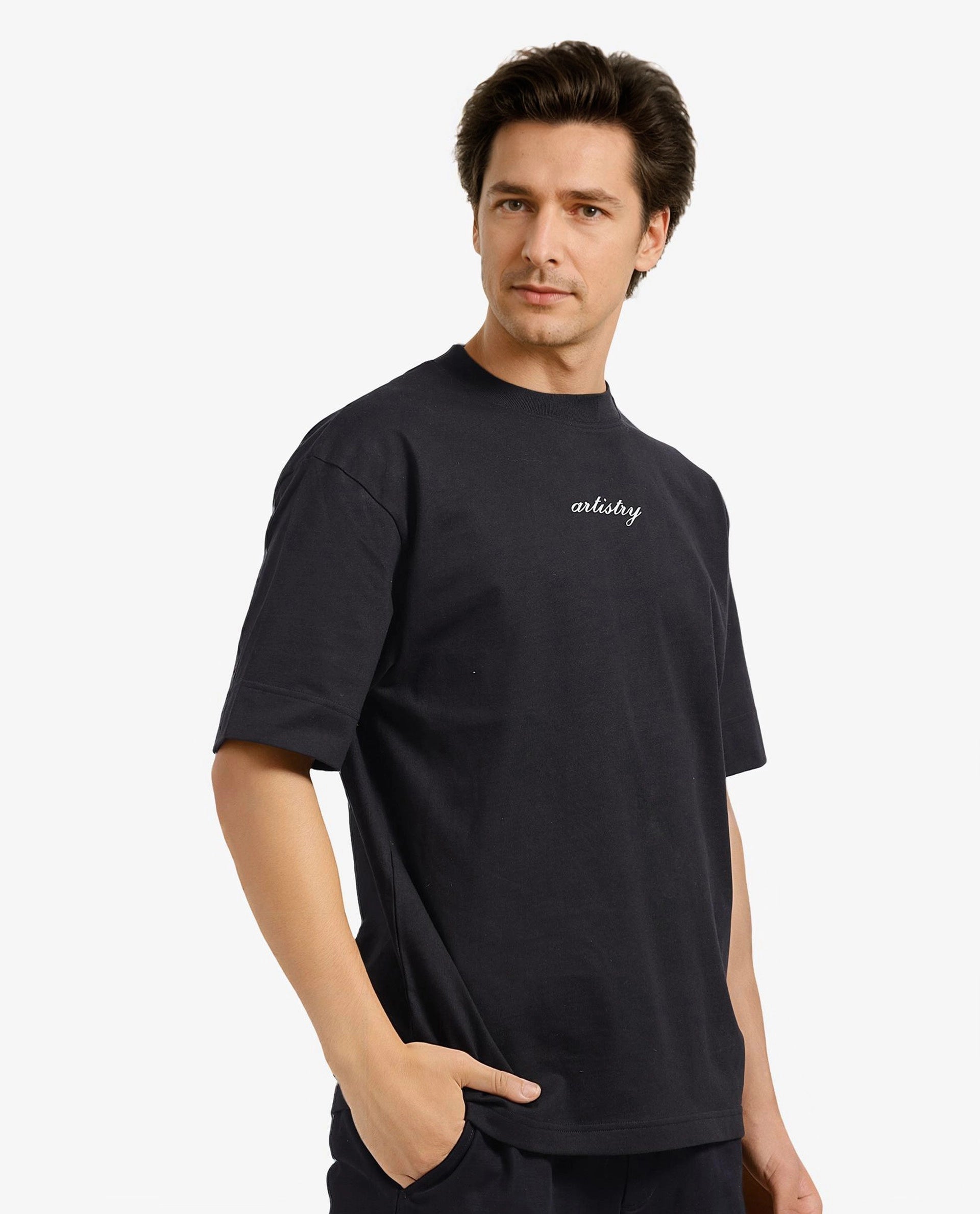 Rare Rabbit Men Bonz-1 Black Knitted Short Sleeve Crew Neck Oversized Fit Puff Graphic Print T-Shirt