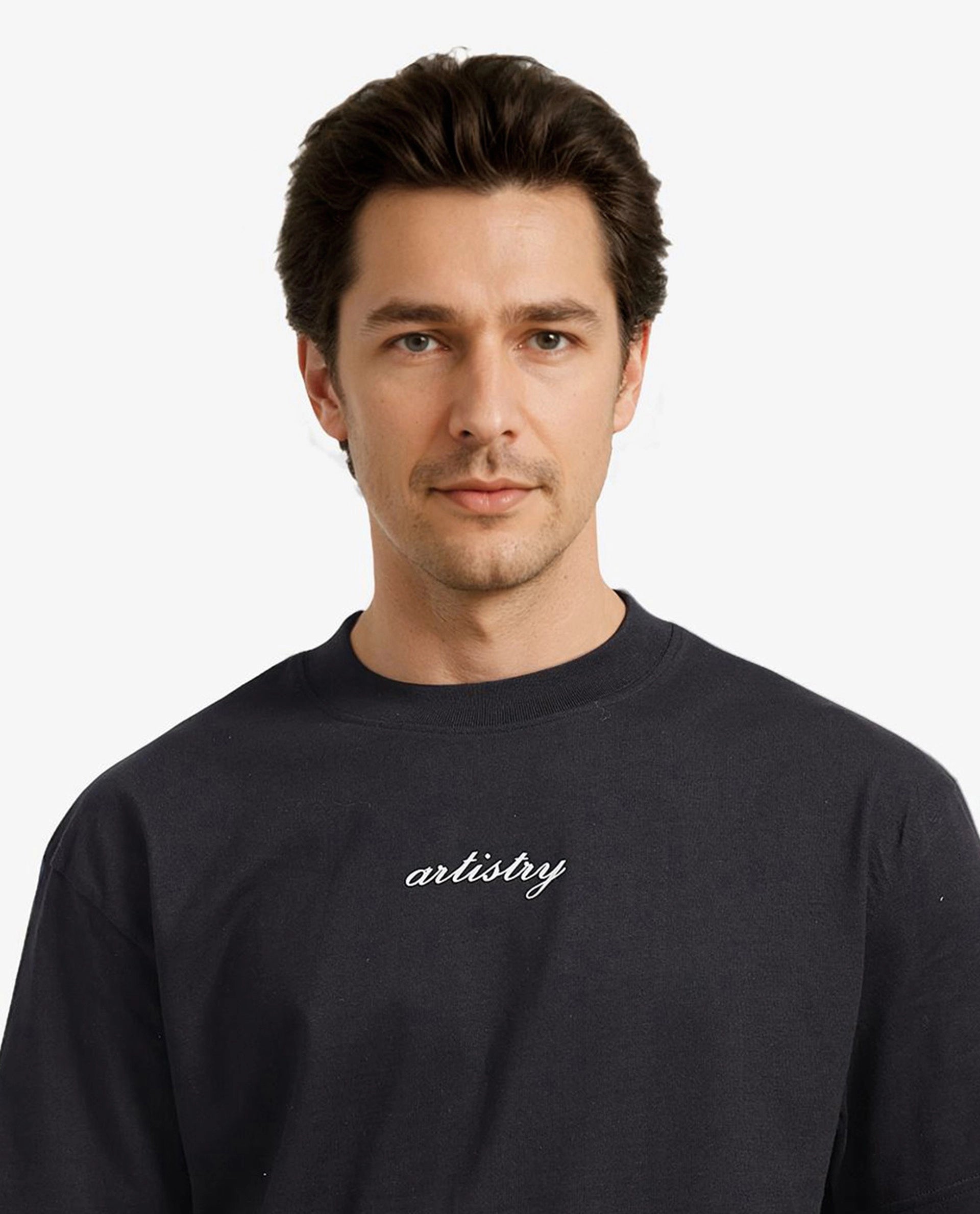 Rare Rabbit Men Bonz-1 Black Knitted Short Sleeve Crew Neck Oversized Fit Puff Graphic Print T-Shirt