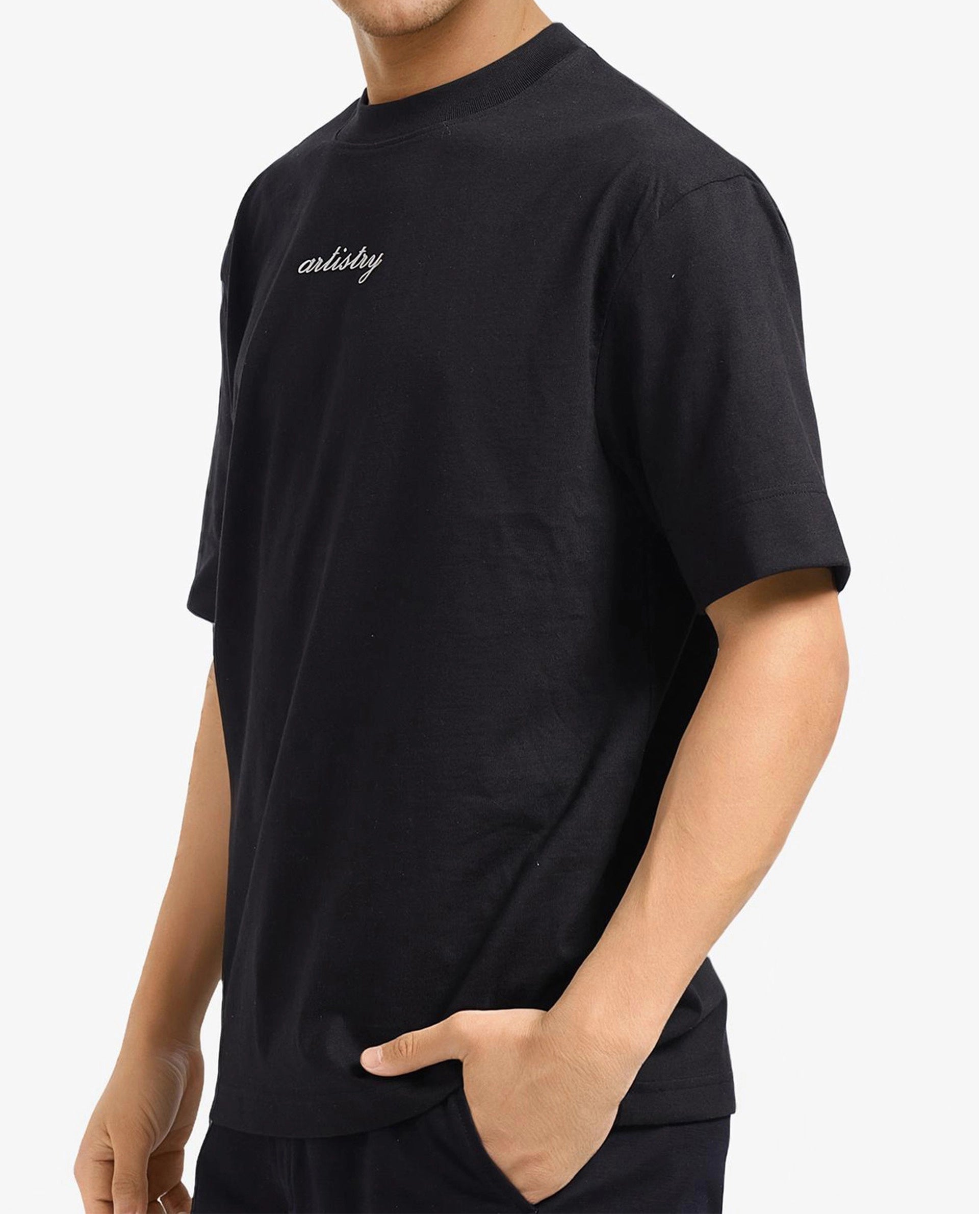 Rare Rabbit Men Bonz-1 Black Knitted Short Sleeve Crew Neck Oversized Fit Puff Graphic Print T-Shirt