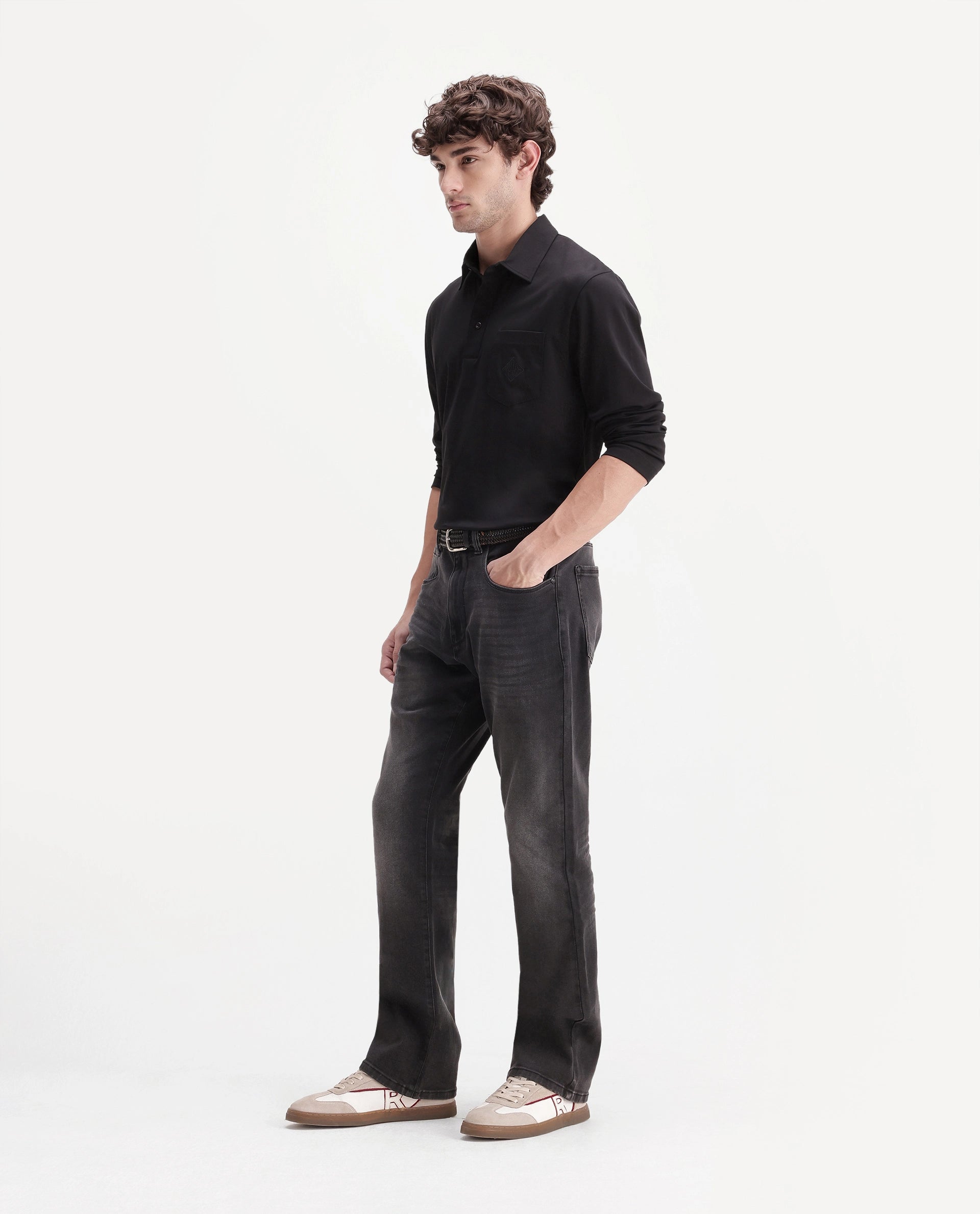 Rare Rabbit Men's Boot 1 Dark Grey Cotton Blend Knox Bootcut Plain Jeans