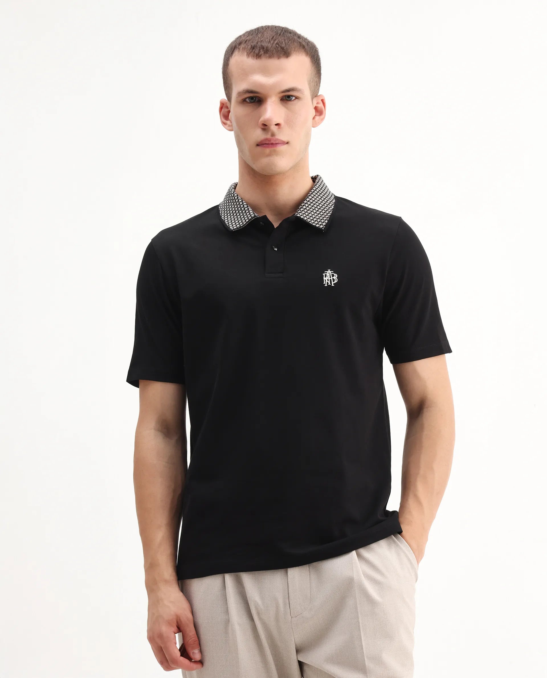 Rare Rabbit Men's Booth Black Cotton Embroidered Regular Fit Half Sleeve Polo