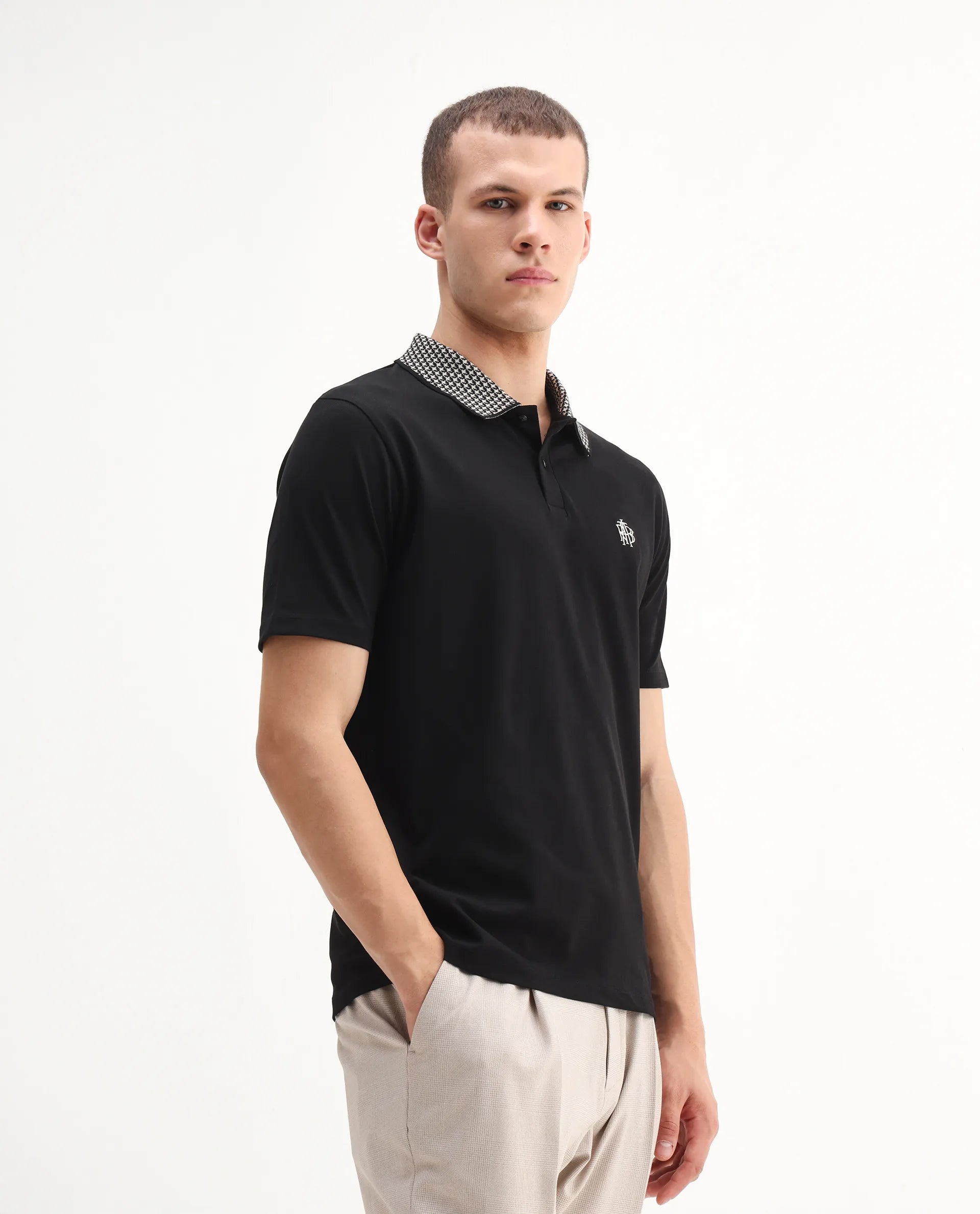 Rare Rabbit Men's Booth Black Cotton Embroidered Regular Fit Half Sleeve Polo