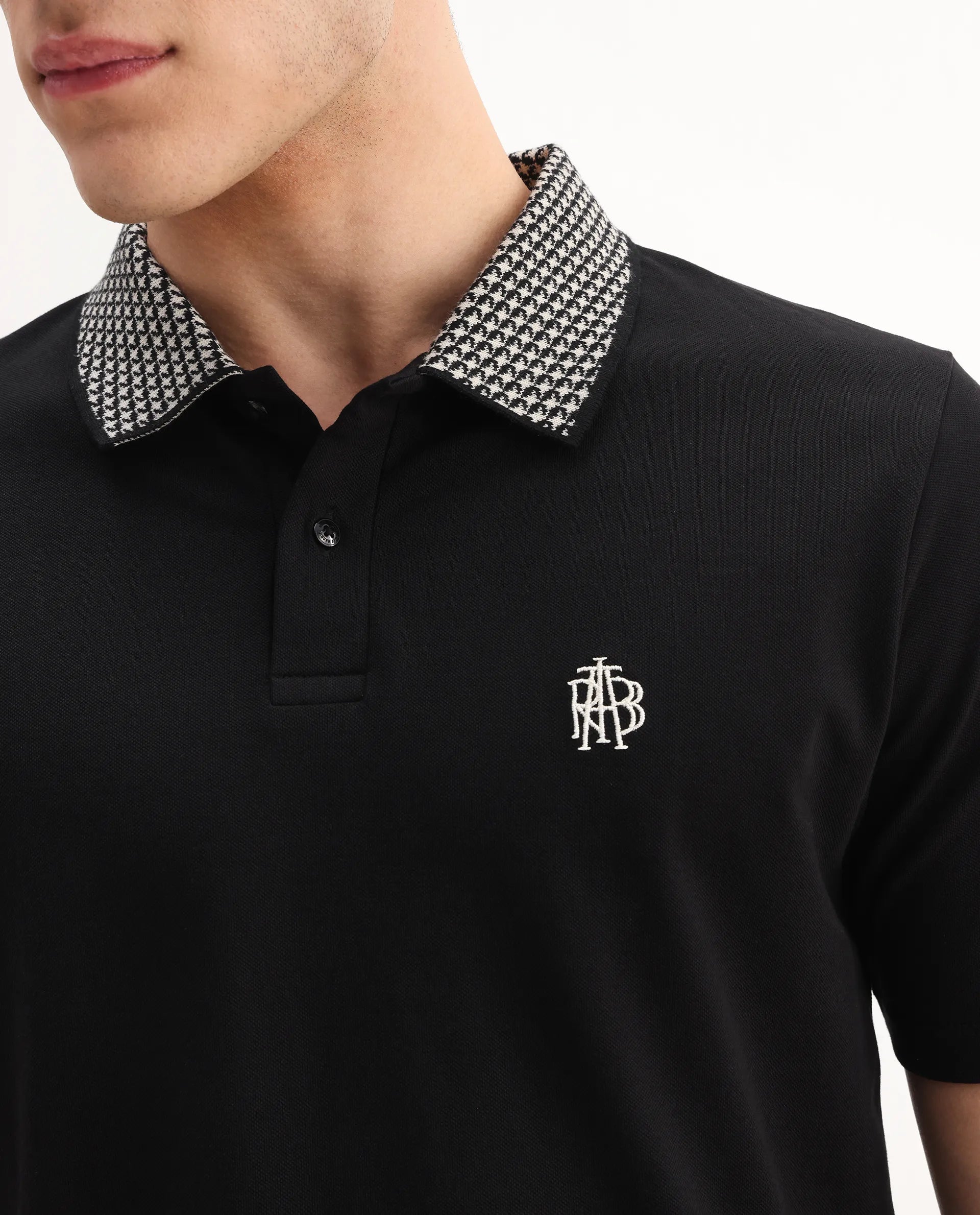 Rare Rabbit Men's Booth Black Cotton Embroidered Regular Fit Half Sleeve Polo
