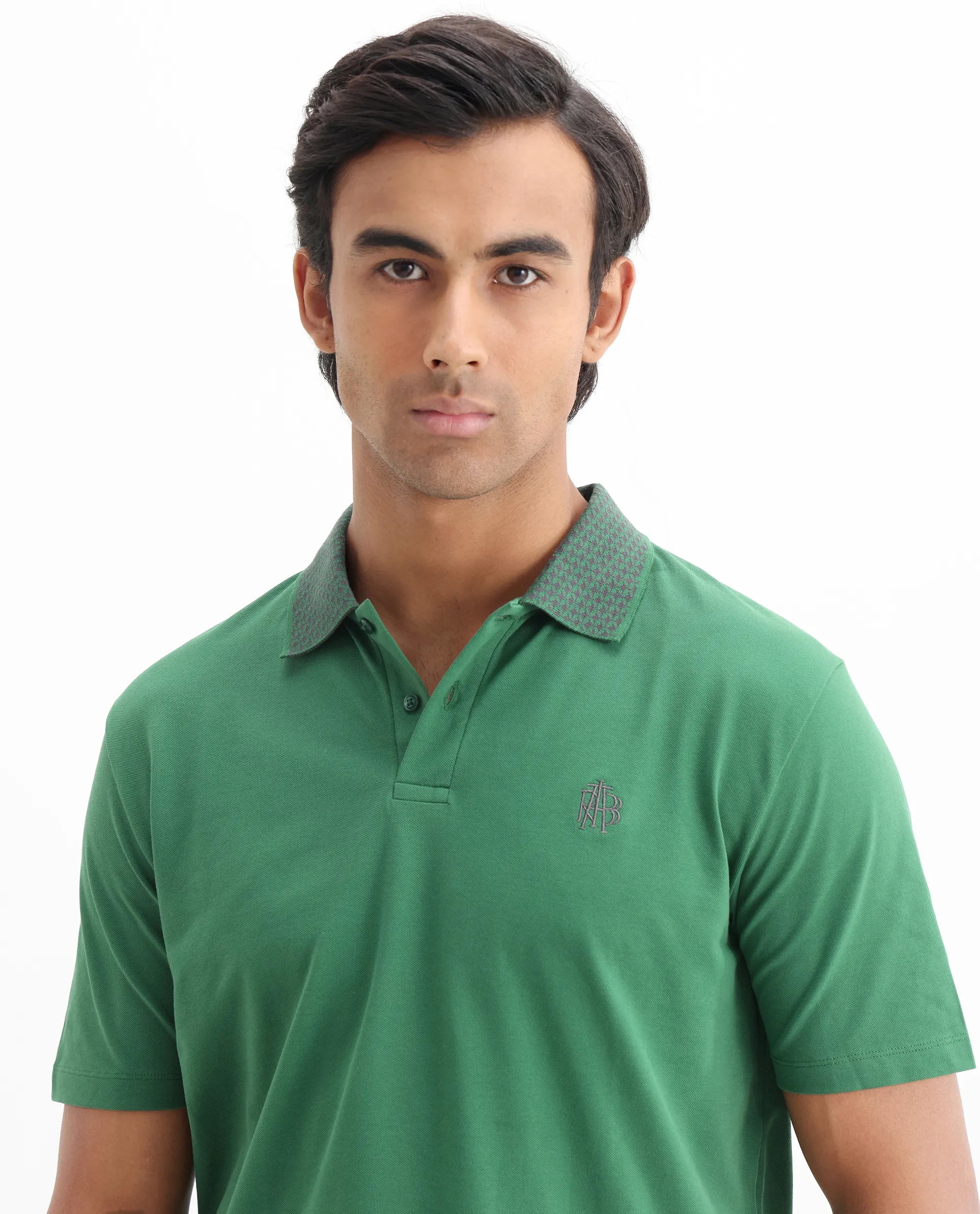 Rare Rabbit Men's Booth Green Cotton Embroidered Regular Fit Half Sleeve Polo
