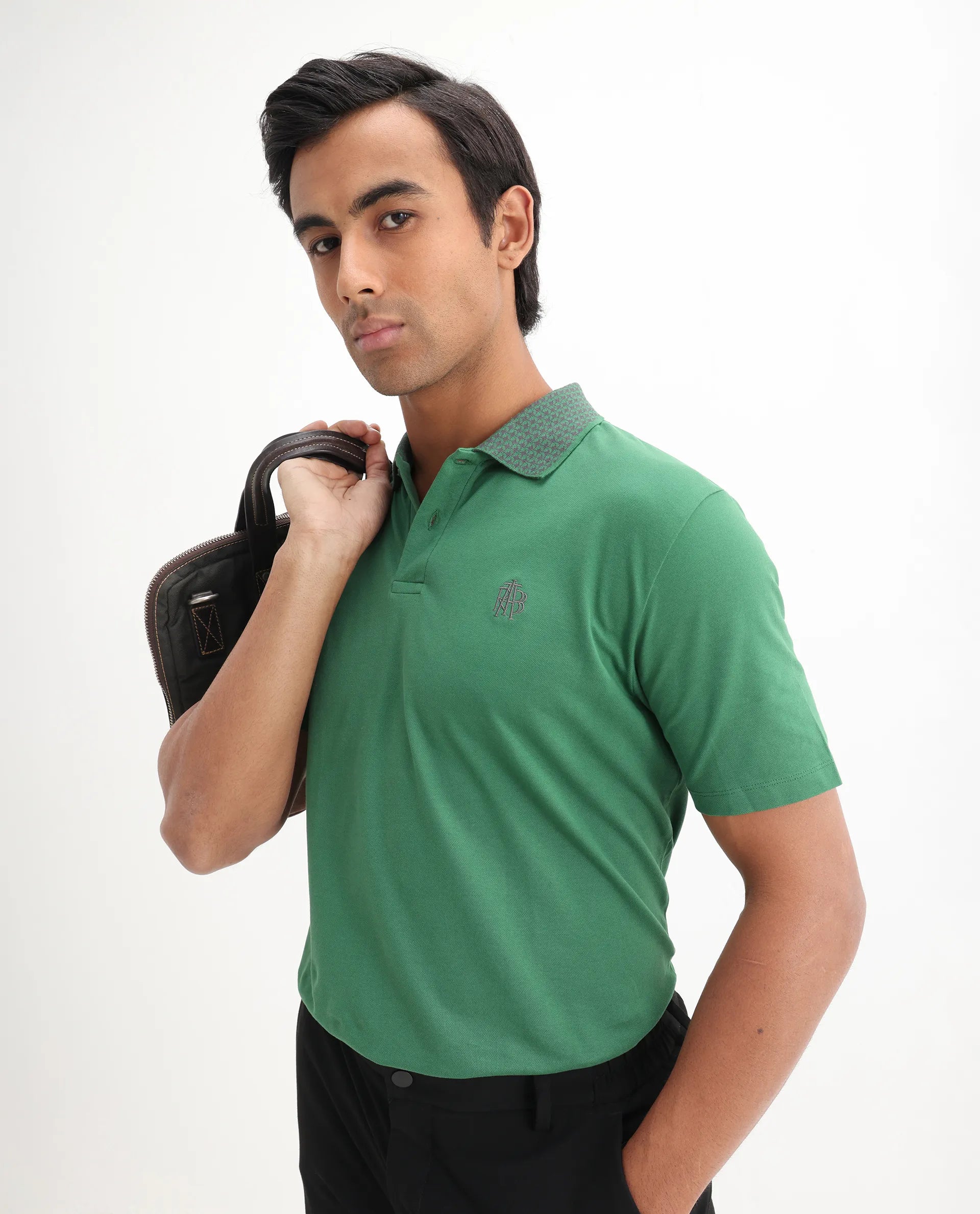 Rare Rabbit Men's Booth Green Cotton Embroidered Regular Fit Half Sleeve Polo