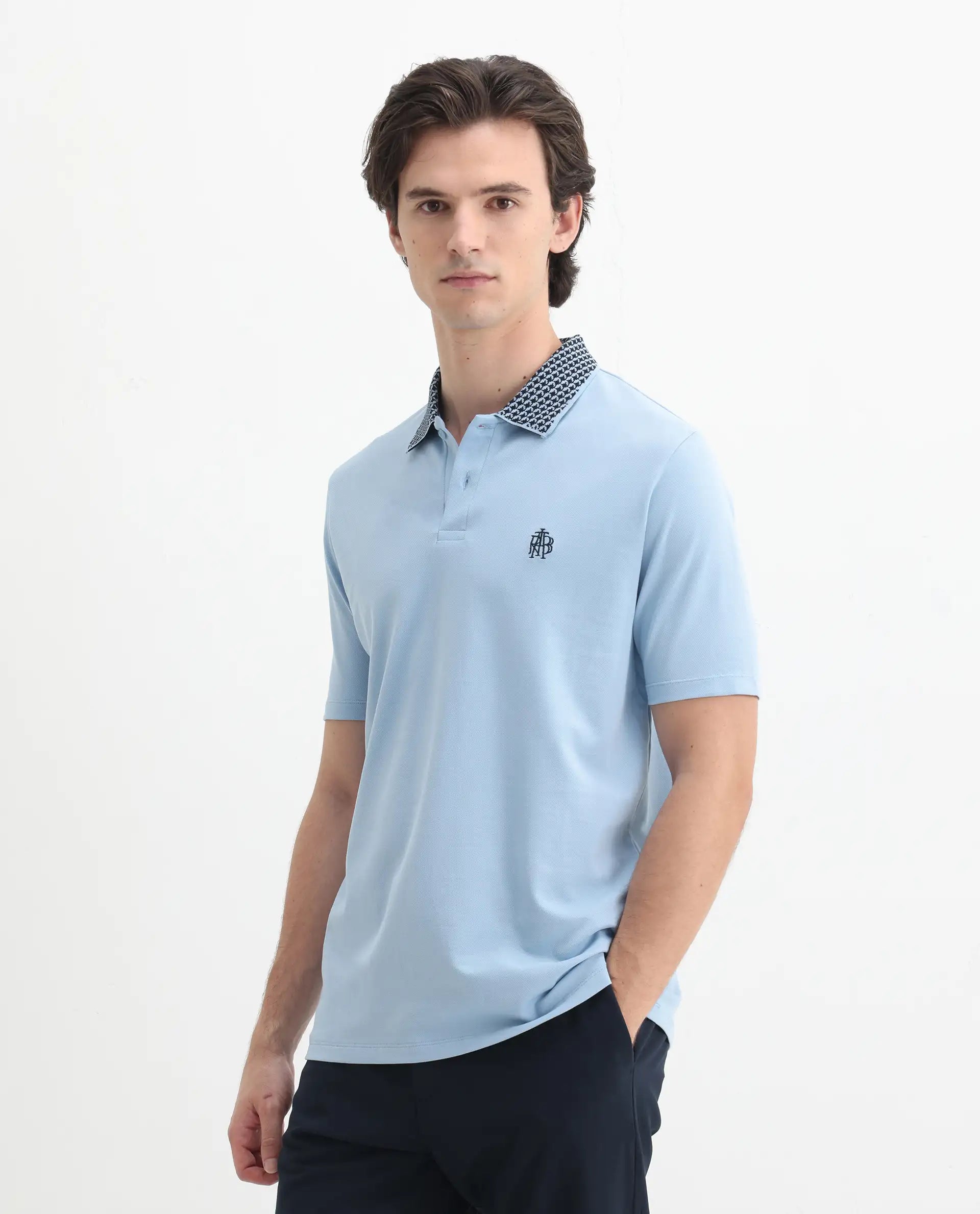 Rare Rabbit Men's Booth Light Blue Cotton Embroidered Regular Fit Half Sleeve Polo