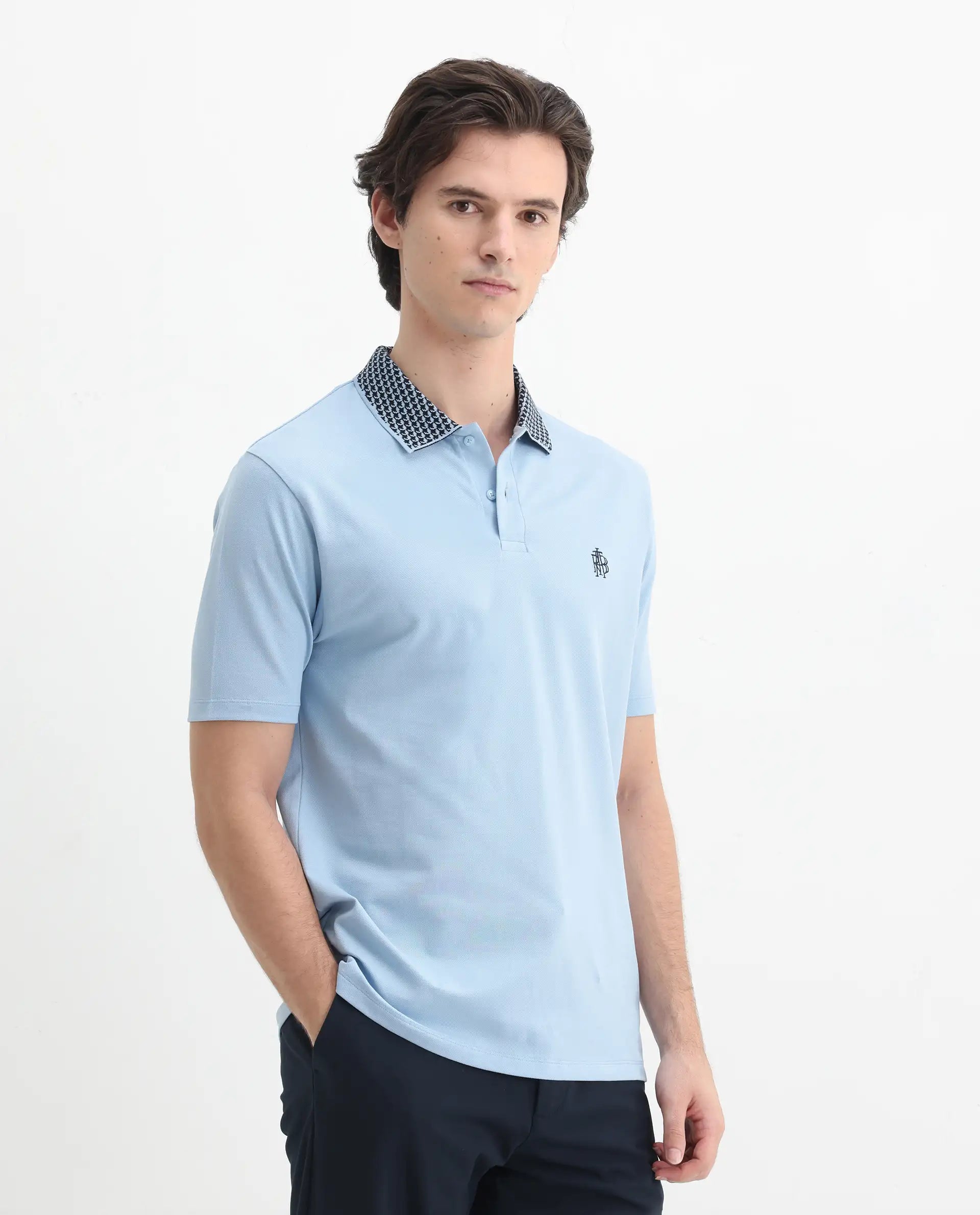 Rare Rabbit Men's Booth Light Blue Cotton Embroidered Regular Fit Half Sleeve Polo