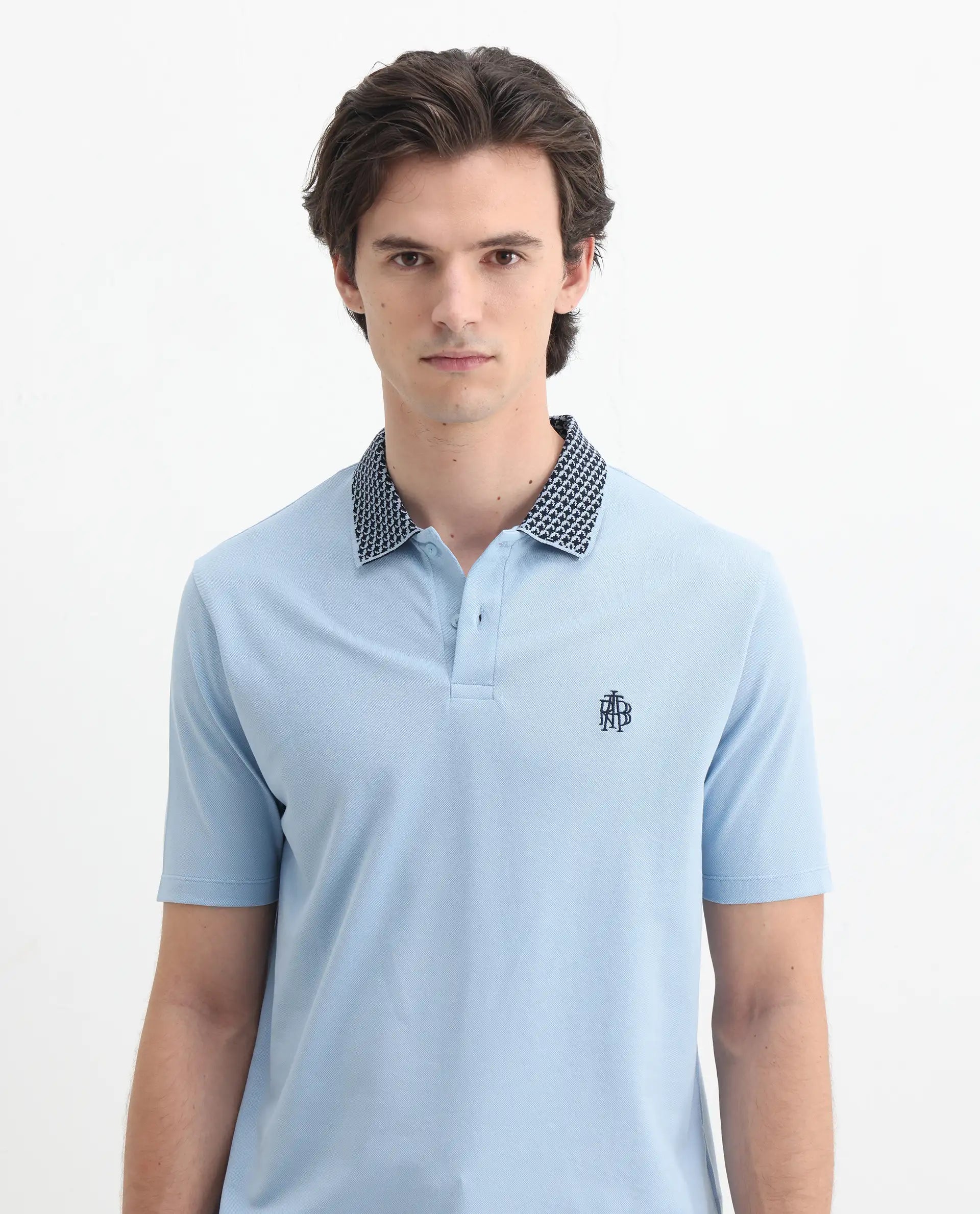 Rare Rabbit Men's Booth Light Blue Cotton Embroidered Regular Fit Half Sleeve Polo
