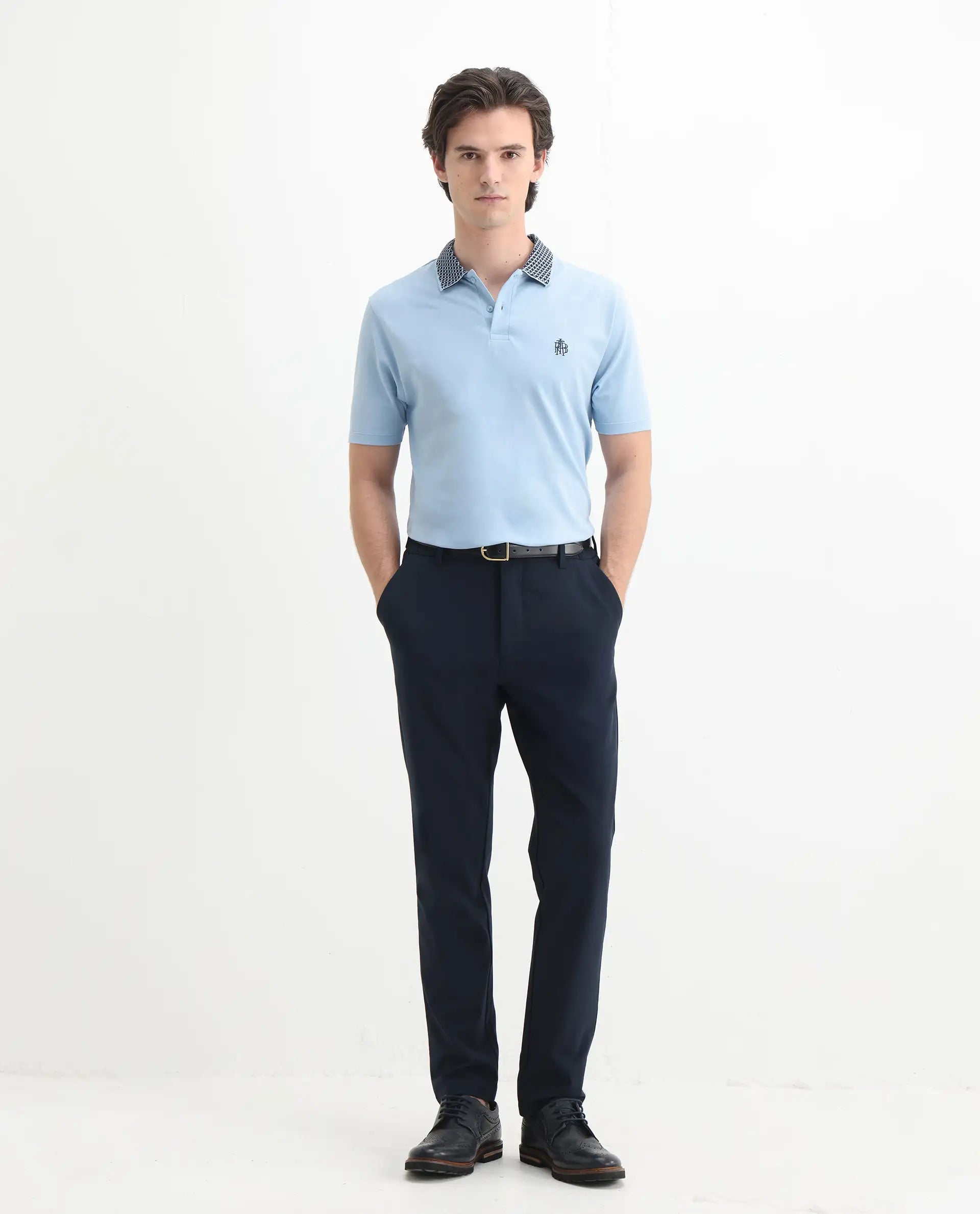 Rare Rabbit Men's Booth Light Blue Cotton Embroidered Regular Fit Half Sleeve Polo