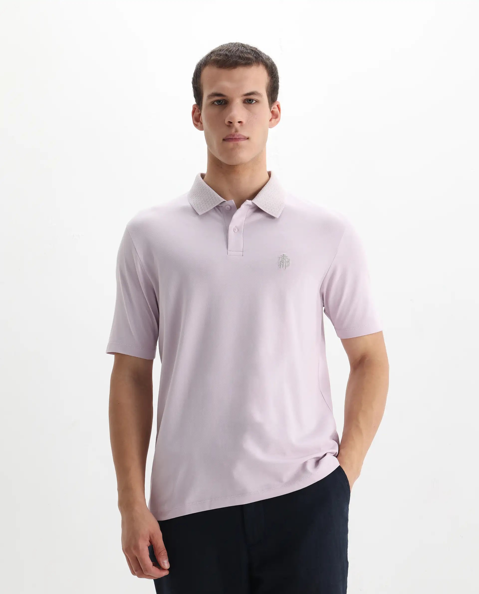 Rare Rabbit Men's Booth Light Purple Cotton Embroidered Regular Fit Half Sleeve Polo
