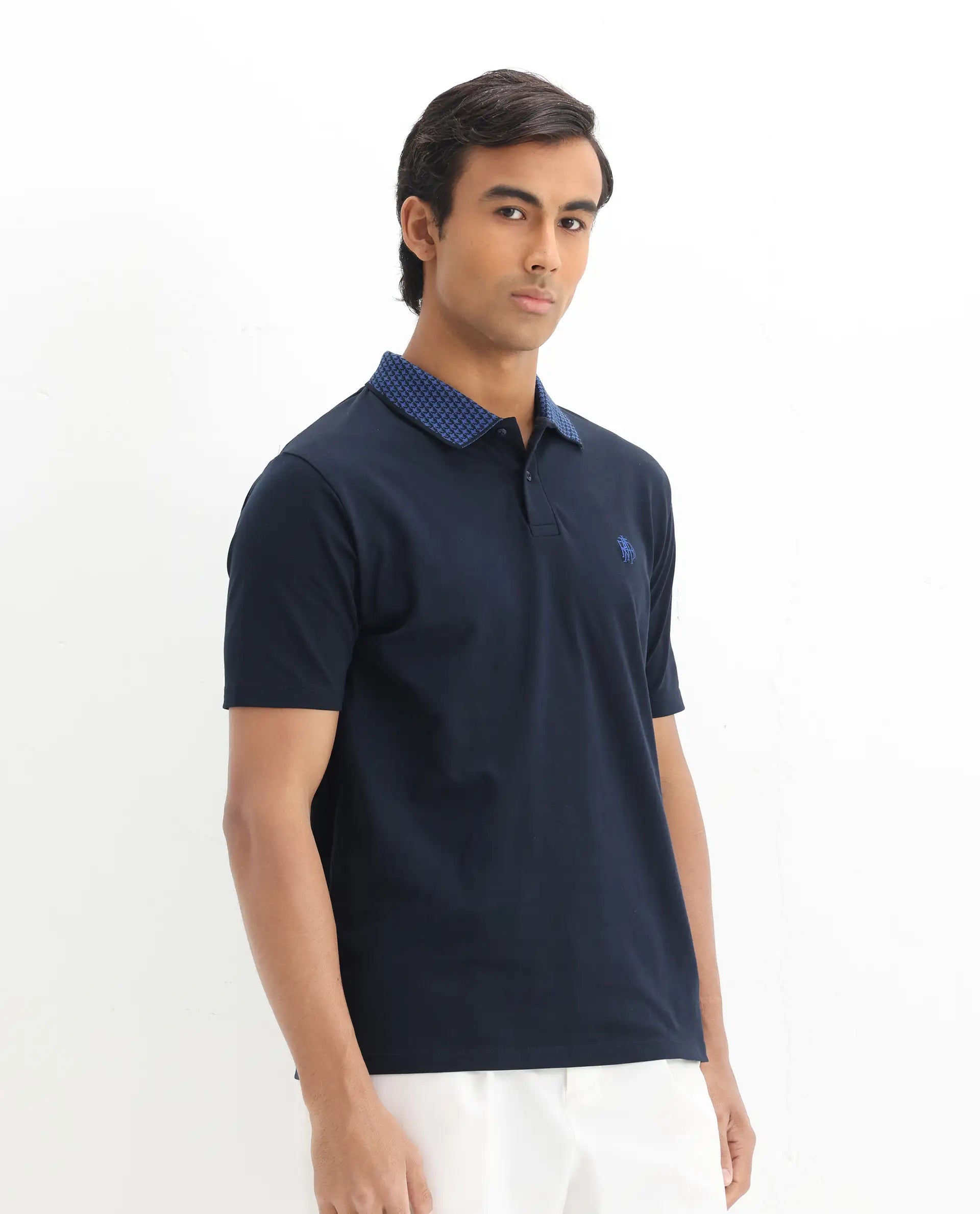 Rare Rabbit Men's Booth Navy Cotton Embroidered Regular Fit Half Sleeve Polo