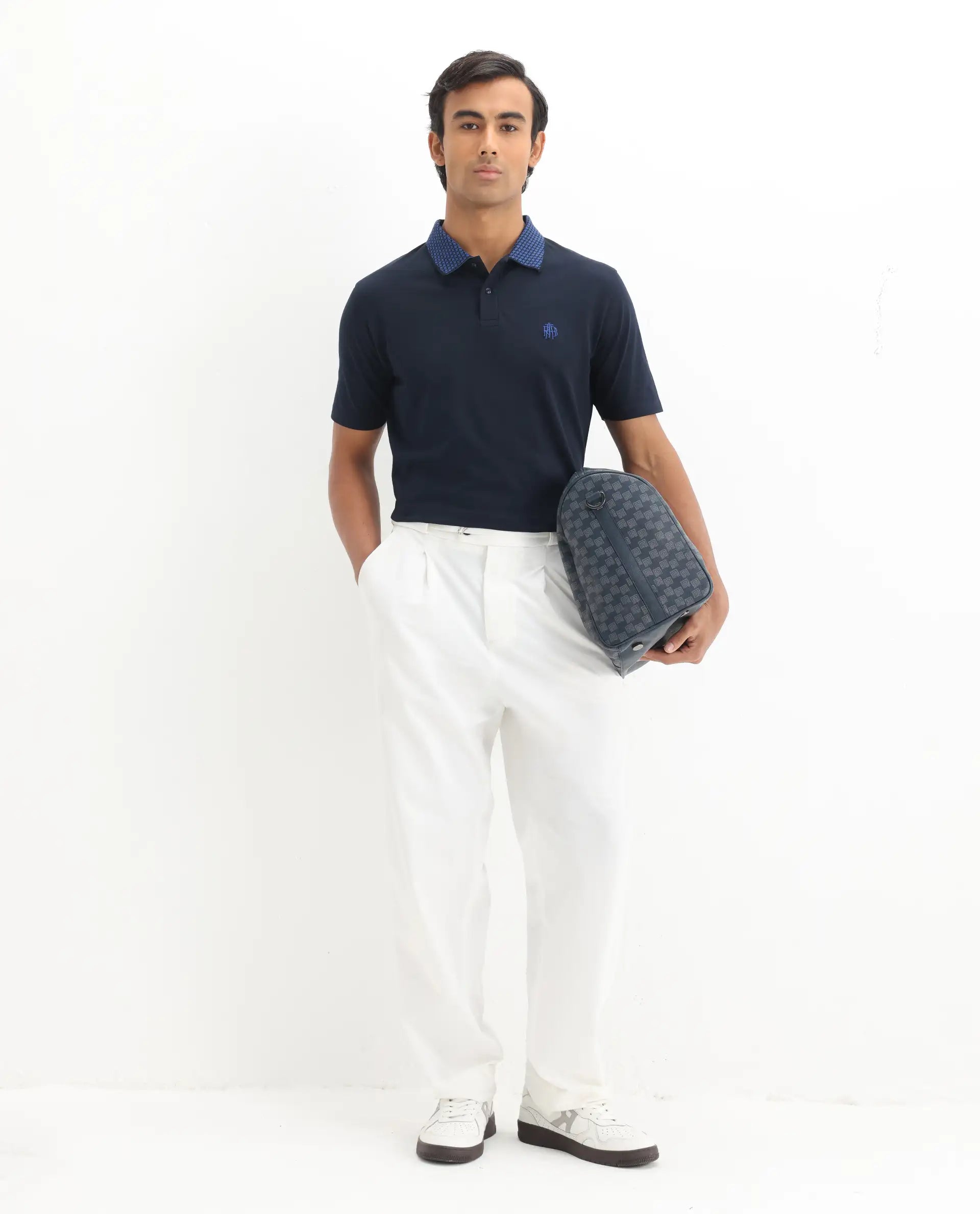 Rare Rabbit Men's Booth Navy Cotton Embroidered Regular Fit Half Sleeve Polo