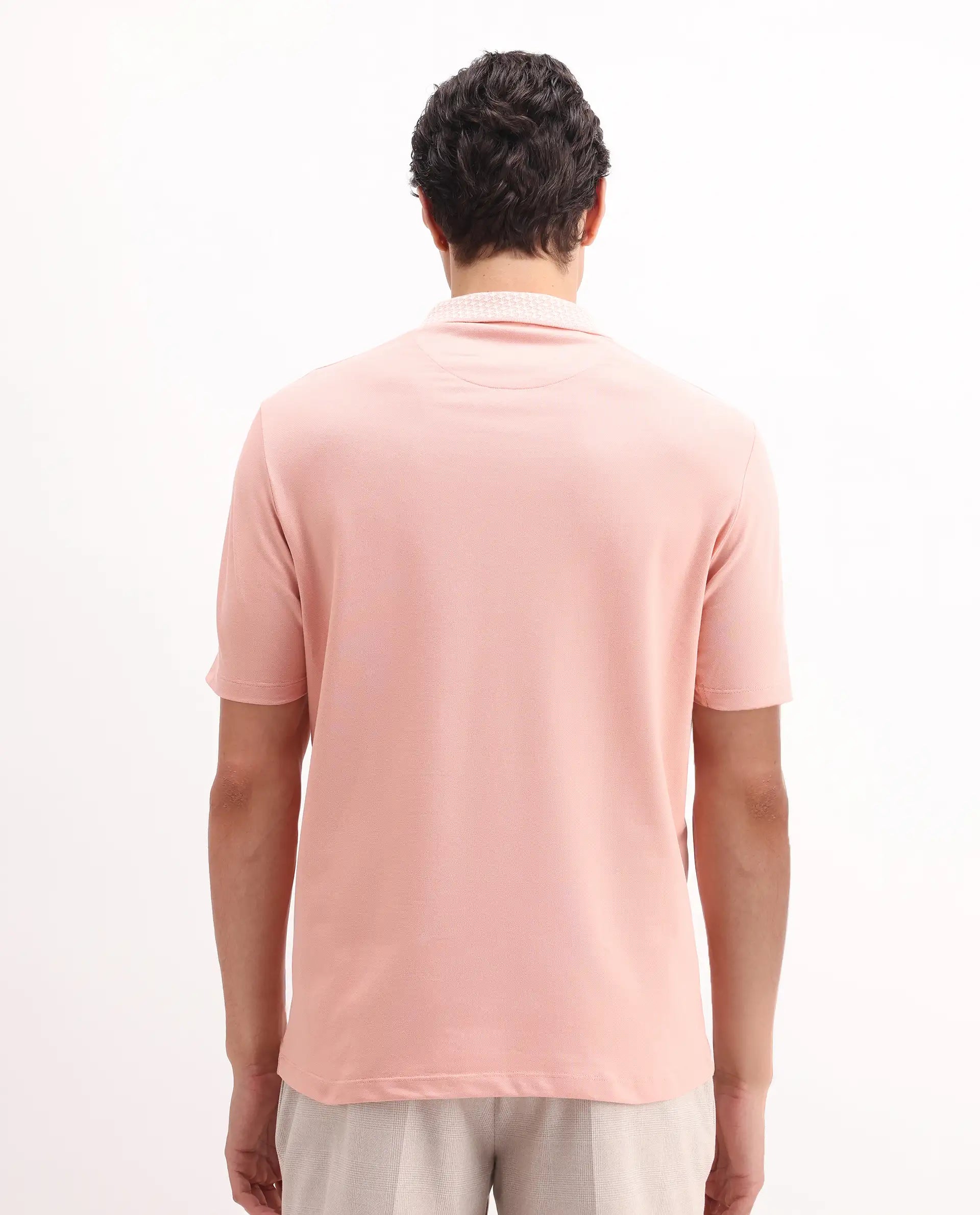 Rare Rabbit Men's Booth Light Peach Cotton Embroidered Regular Fit Half Sleeve Polo