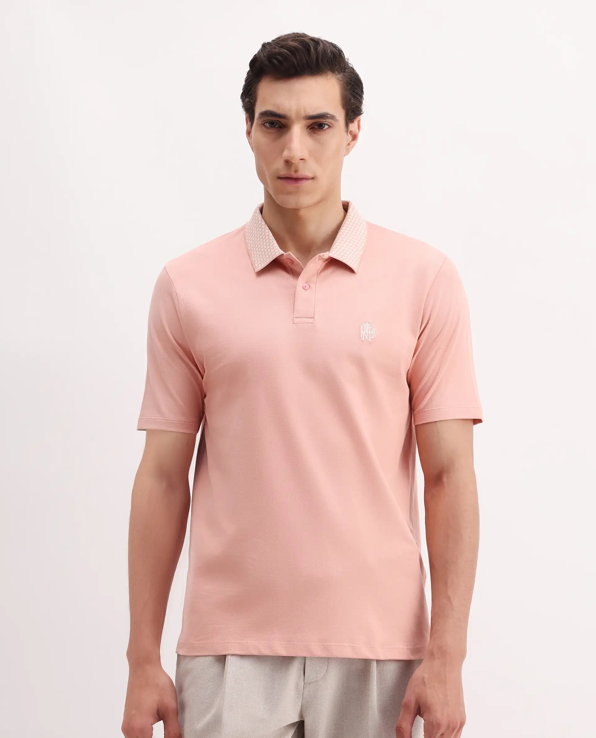 Rare Rabbit Men's Booth Light Peach Cotton Embroidered Regular Fit Half Sleeve Polo