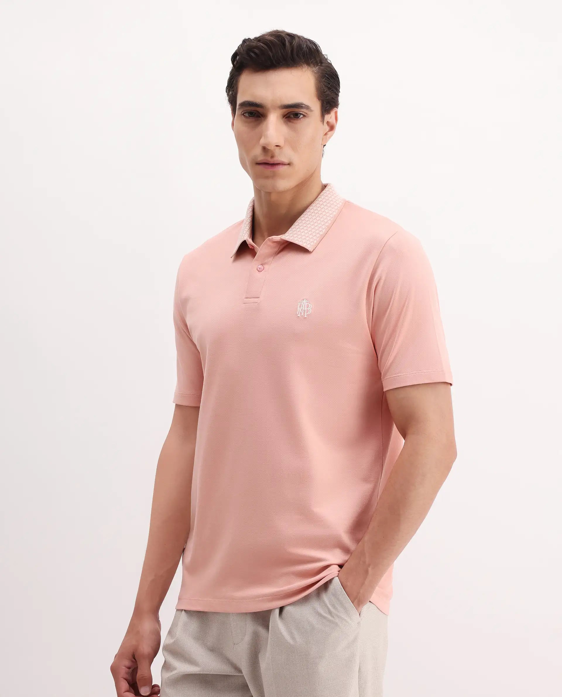 Rare Rabbit Men's Booth Light Peach Cotton Embroidered Regular Fit Half Sleeve Polo